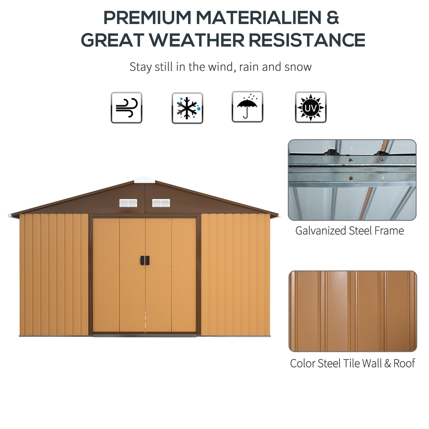 Outsunny 13 x 11 ft Metal Garden Shed: Large Patio Roofed Tool Storage, with Foundation Ventilation and Sliding Doors in Yellow