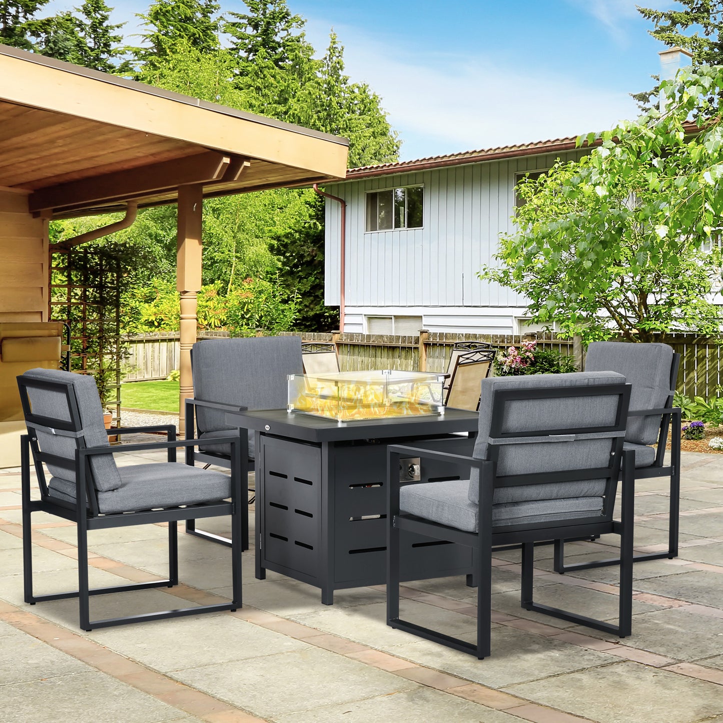 Outsunny 5-Piece Aluminium Outdoor Sofa Sectional Set: with Gas Fire Pit Table for Garden and Poolside in Grey