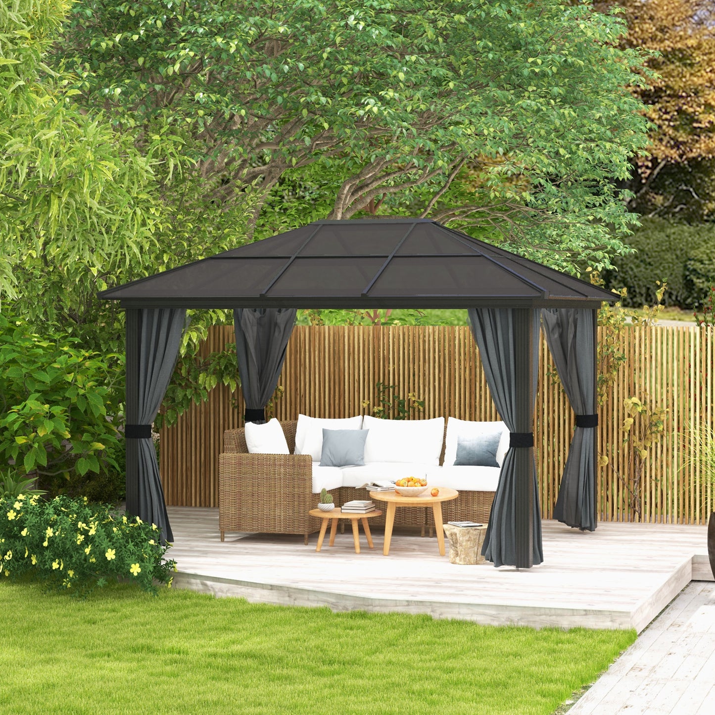 Outsunny 3 x 4m Hard Polycarbonate Roof and Aluminium Frame Gazebo with Netting and Curtains in Black/Grey