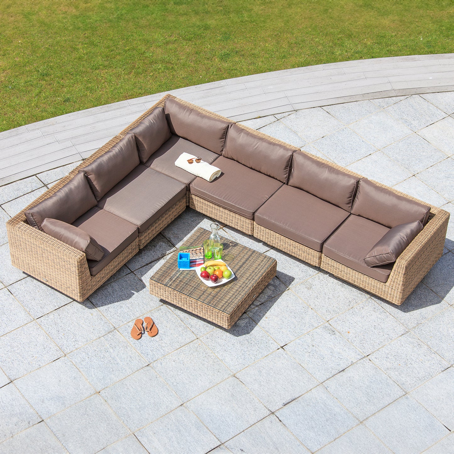 Cozy Bay¨ Chicago Rattan 6 Seater Deluxe Modular Lounge Set in 4 Seasons with Brown Cushions