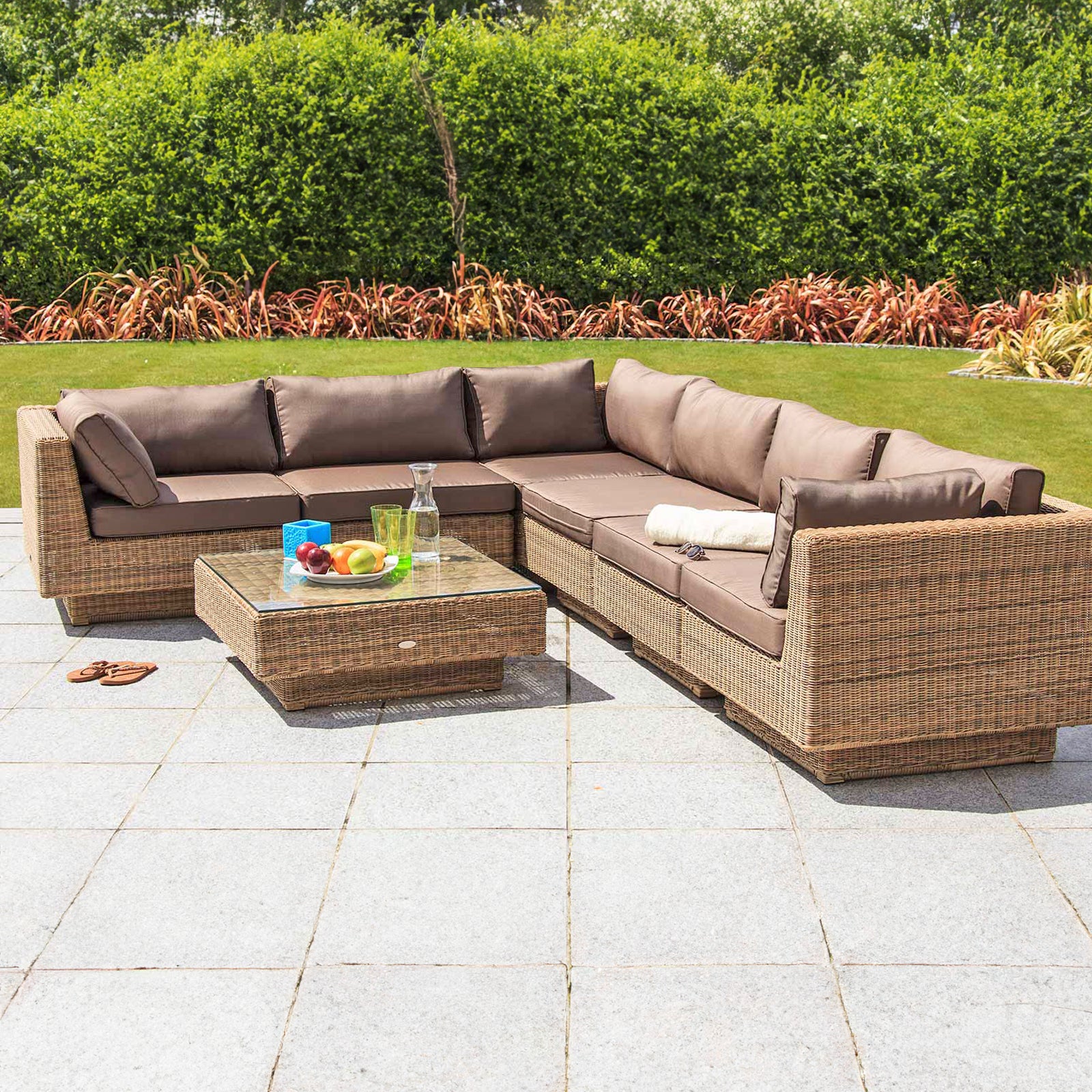 Cozy Bay¨ Chicago Rattan 6 Seater Deluxe Modular Lounge Set in 4 Seasons with Brown Cushions