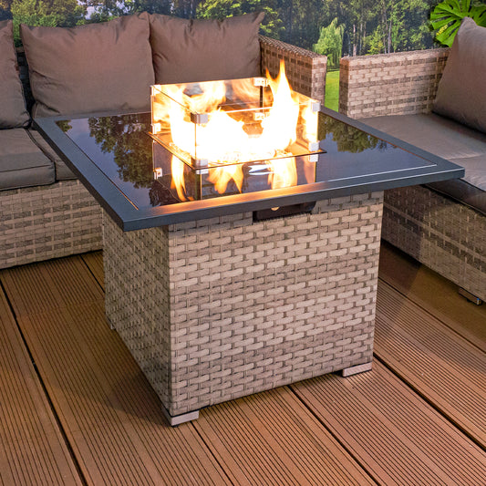 Royal Fireª Cancun Rattan Square Gas Firepit Table in Dove Grey