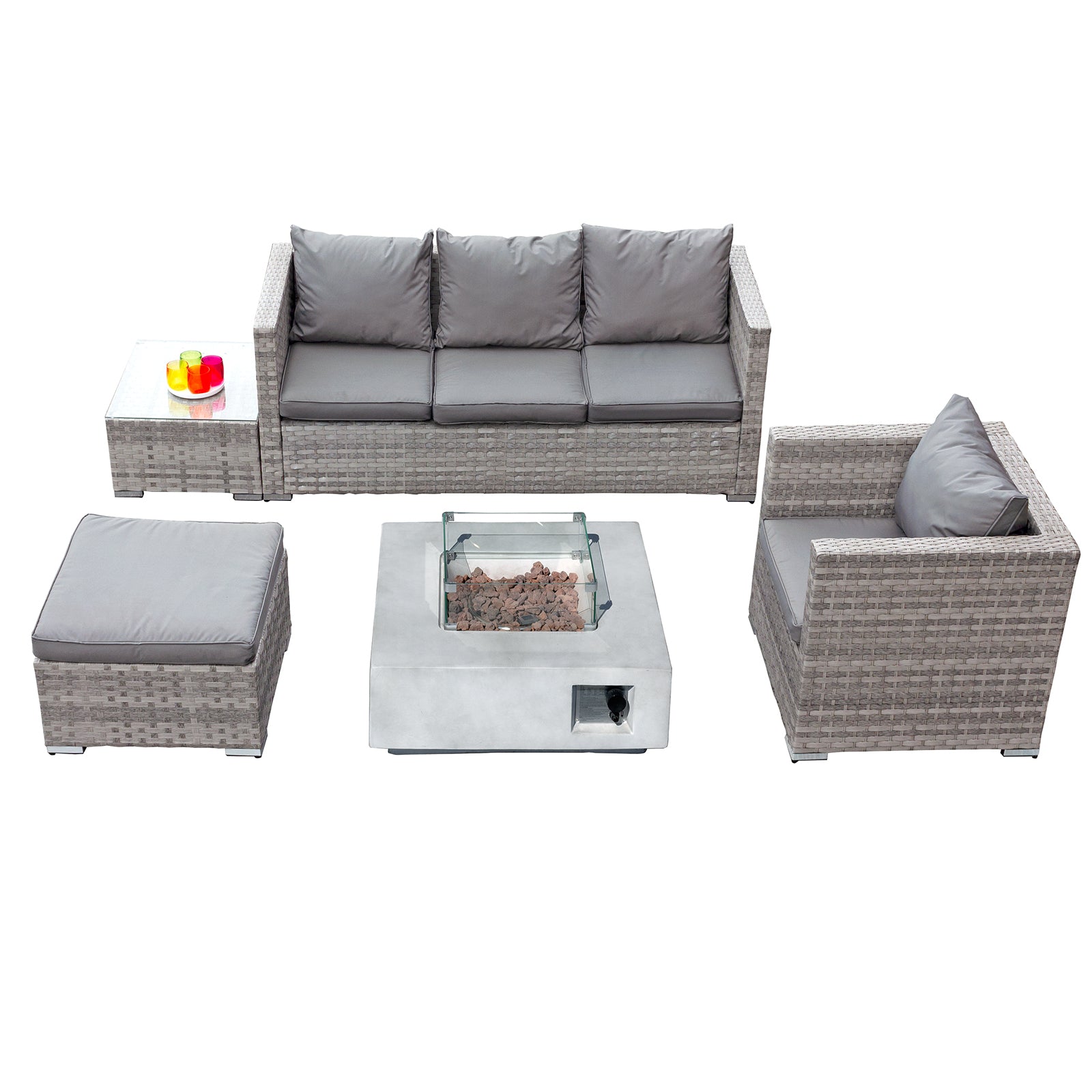 Oseasons¨ Acorn Rattan 5 Seat Lounge Sofa Set with GRC Firepit in Dove Grey