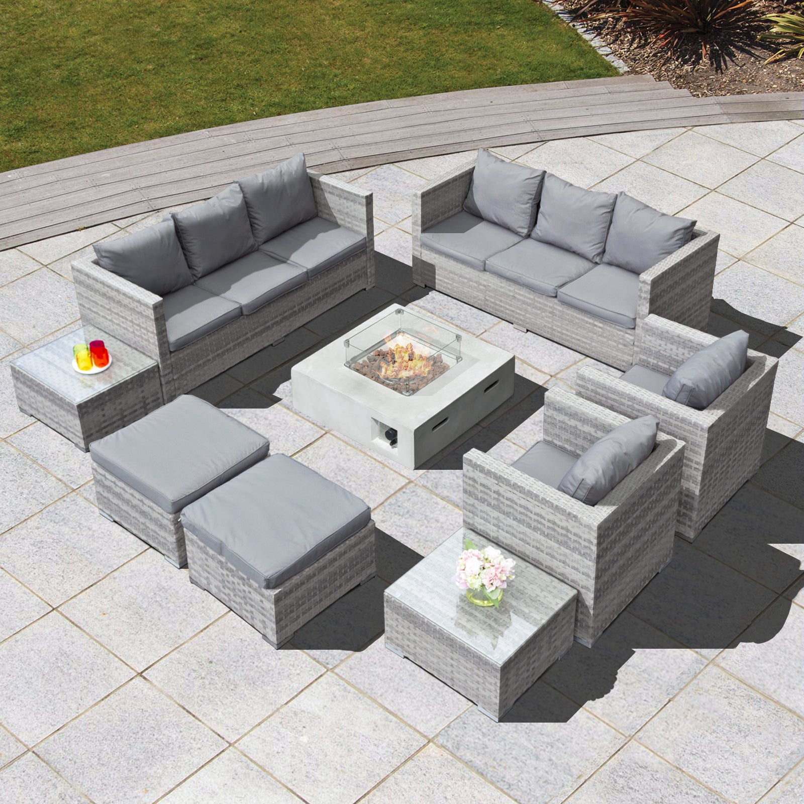 Oseasons¨ Acorn Deluxe Rattan 10 Seat Modular Sofa Set with GRC Firepit in Dove Grey