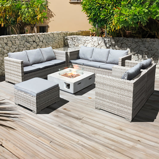 Oseasons¨ Malta XS Rattan 9 Seat U-Shape Set with GRC Firepit in Dove Grey