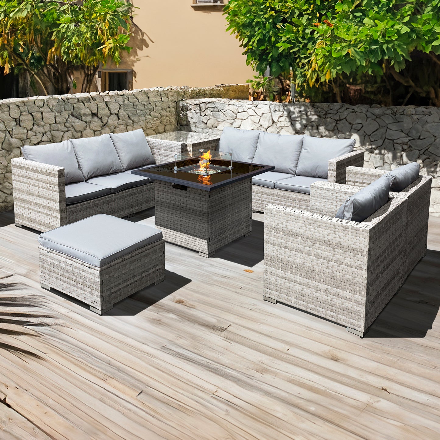 Oseasons¨ Malta XS Rattan 9 Seat U-Shape Firepit Set in Dove Grey