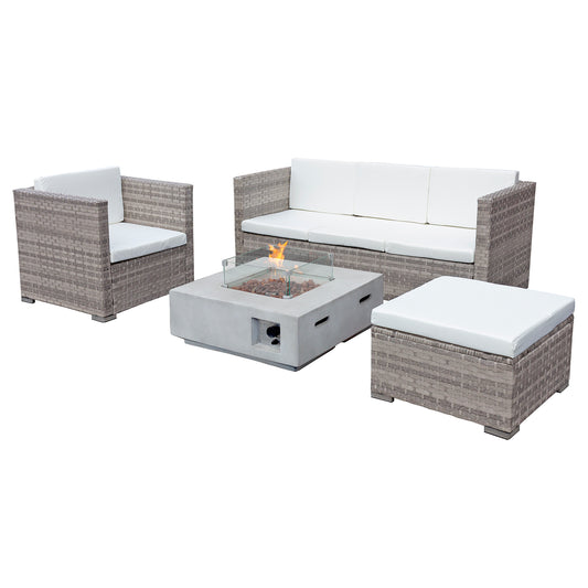 Oseasons¨ Acorn Rattan 5 Seat Lounge Sofa Set with GRC Firepit in Dove Grey with White Cushions