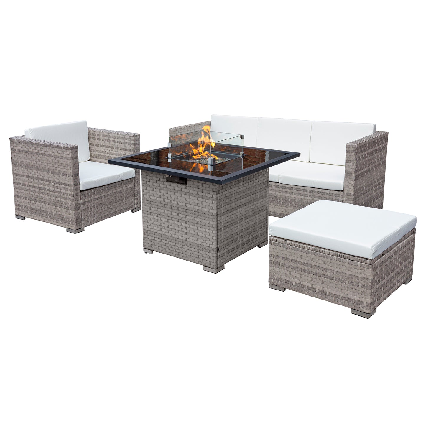 Oseasons¨ Acorn Rattan 5 Seat Firepit Lounge Set in Dove Grey with White Cushions