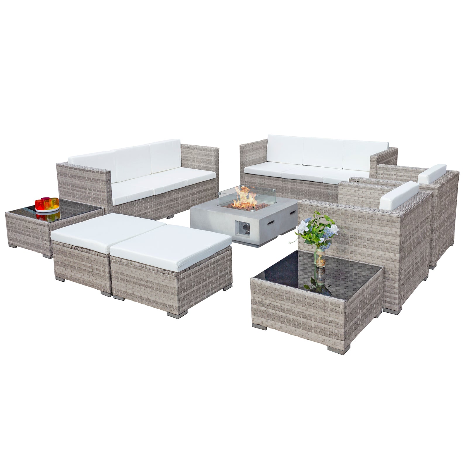 Oseasons¨ Acorn Deluxe Rattan 10 Seat Modular Sofa Set with GRC Firepit in Dove Grey with White Cushions