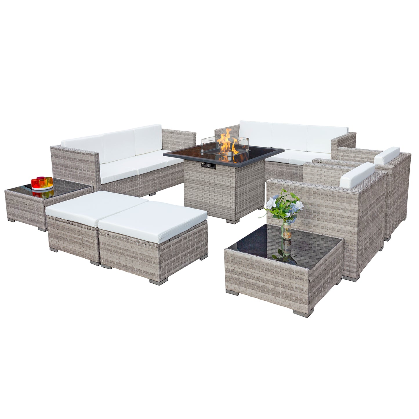 Oseasons¨ Acorn Deluxe Rattan 10 Seat Firepit Modular Set in Dove Grey with White Cushions