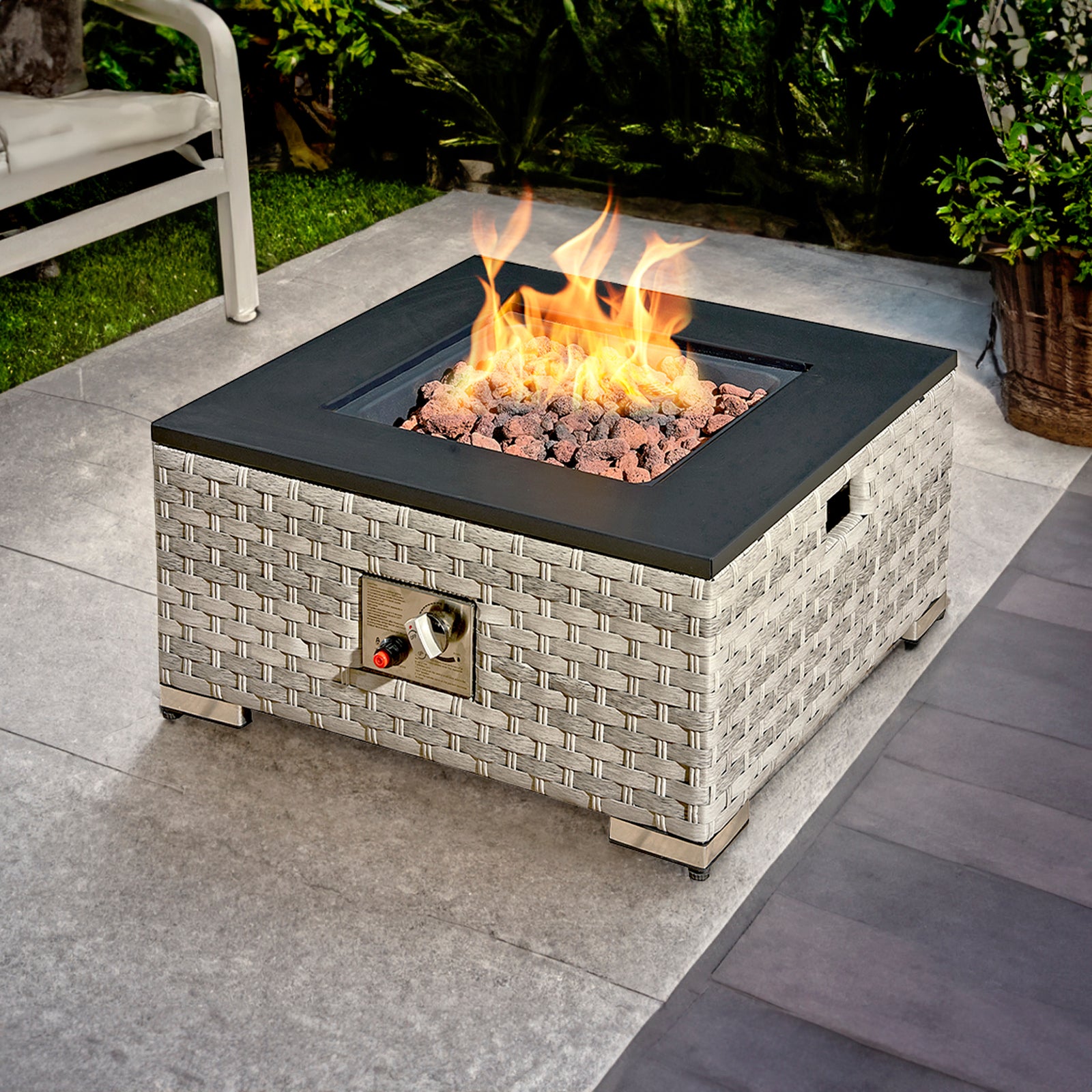 Royal Fireª Icarus Rattan Firepit Coffee Table in Dove Grey with Iron Top