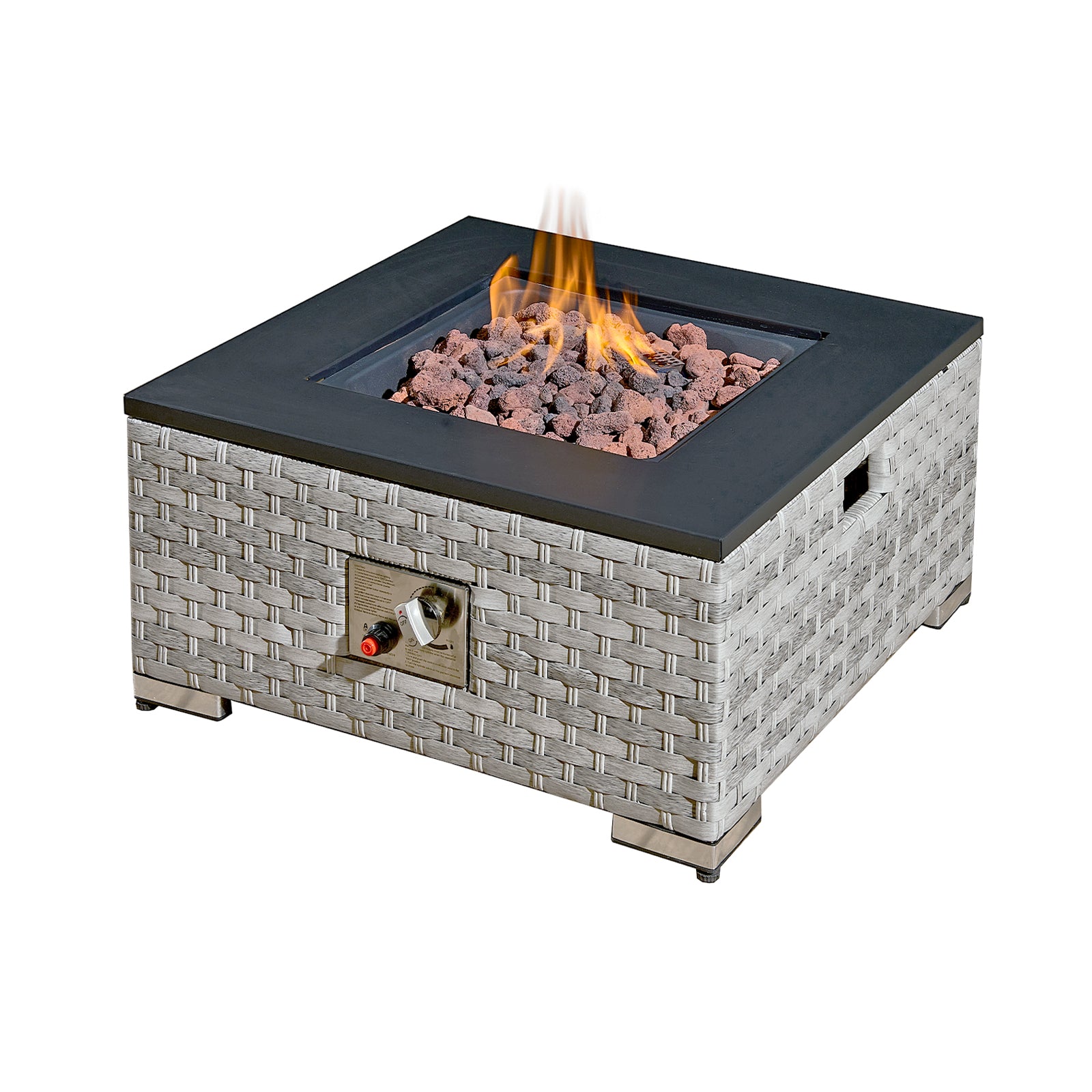 Royal Fireª Icarus Rattan Firepit Coffee Table in Dove Grey with Iron Top