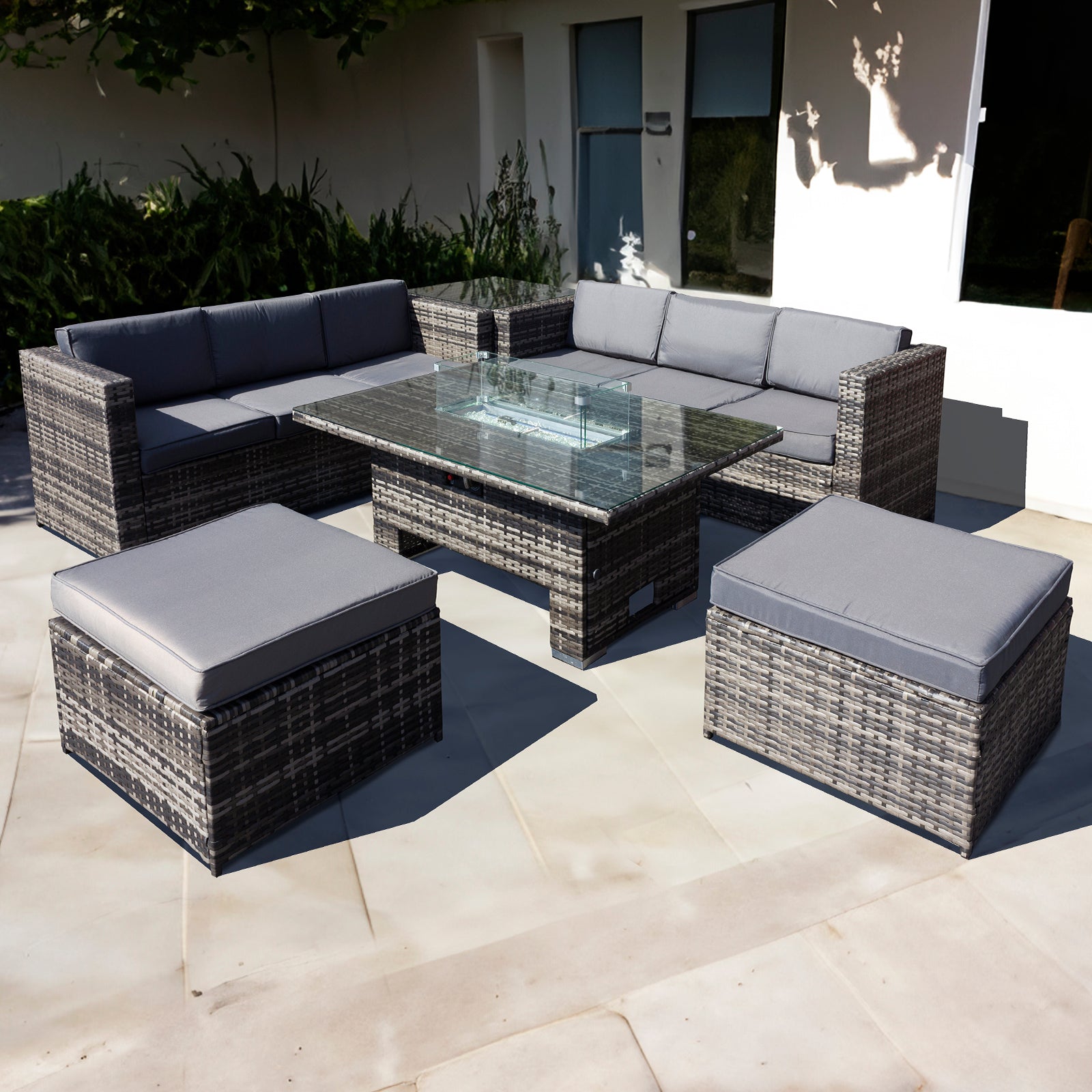 Oseasons¨ Malta Rattan 8 Seat Rising Firepit Corner Set in Grey Walnut with 2 Footstools