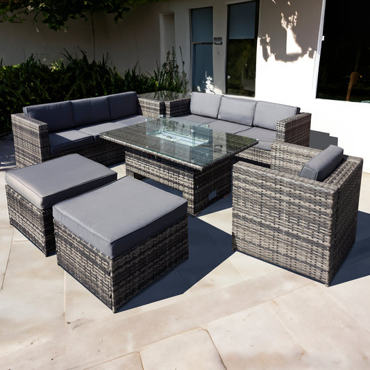 Oseasons¨ Malta Rattan 9 Seat Rising Firepit Corner Set in Grey Walnut with 2 Footstools