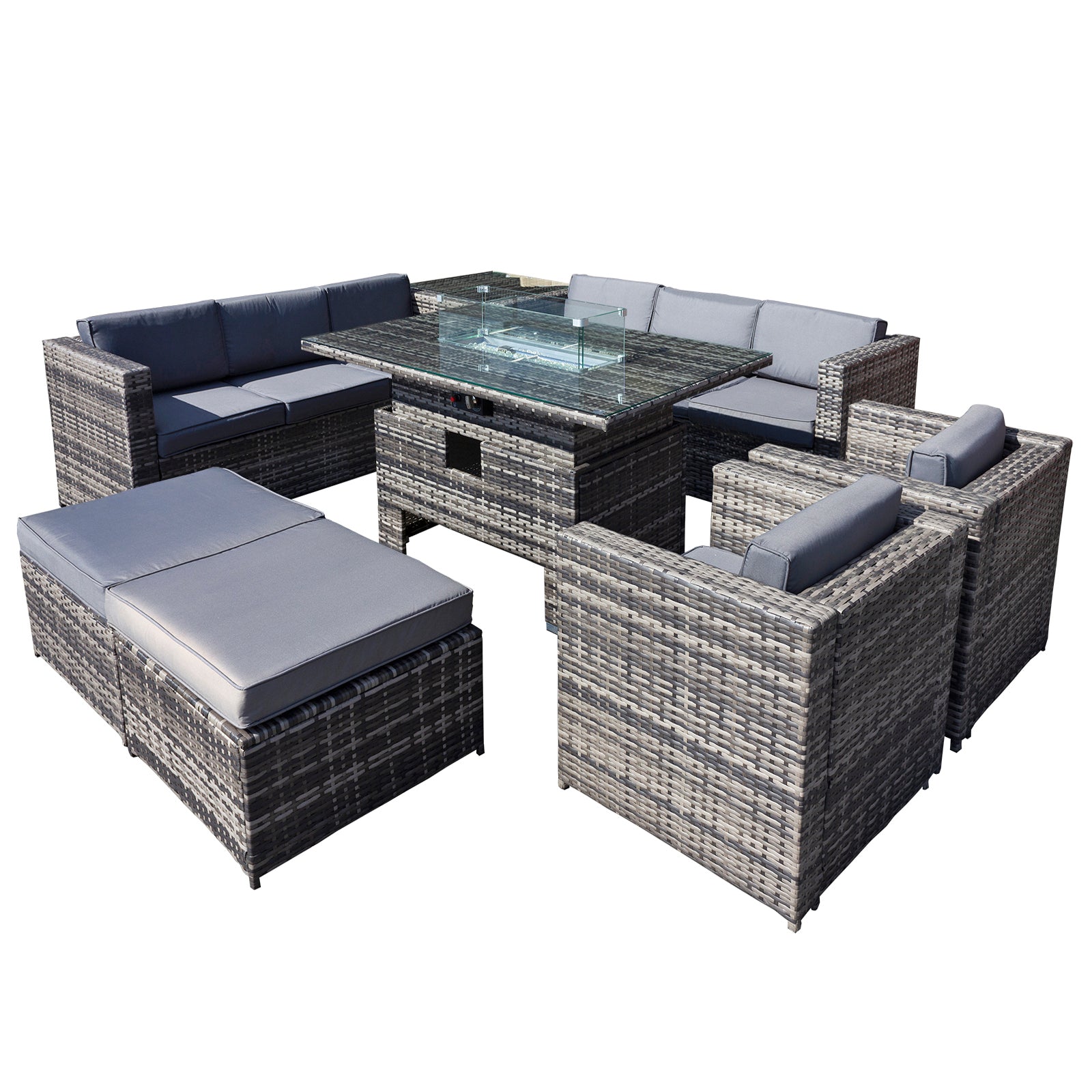 Oseasons¨ Malta Rattan 10 Seat Rising Firepit U-Shape Set in Grey Walnut with 2 Footstools