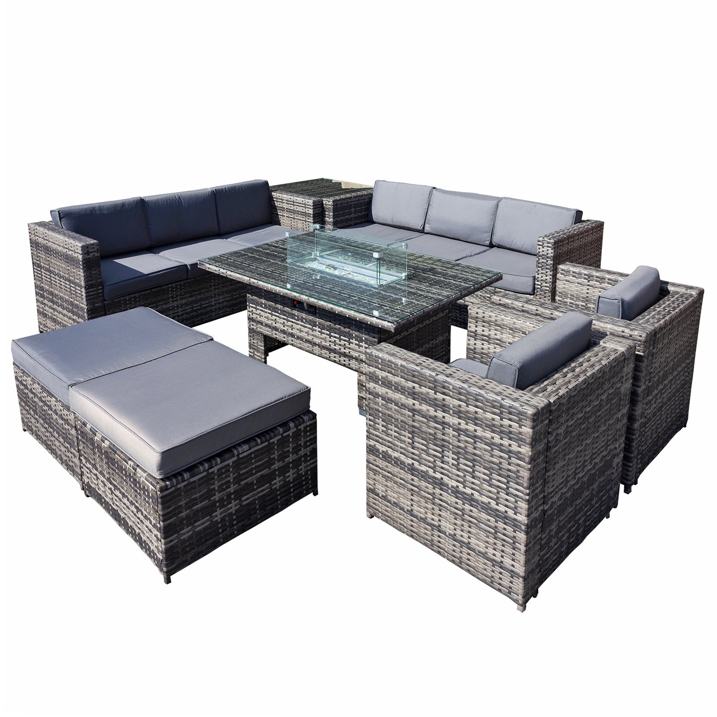 Oseasons¨ Malta Rattan 10 Seat Rising Firepit U-Shape Set in Grey Walnut with 2 Footstools