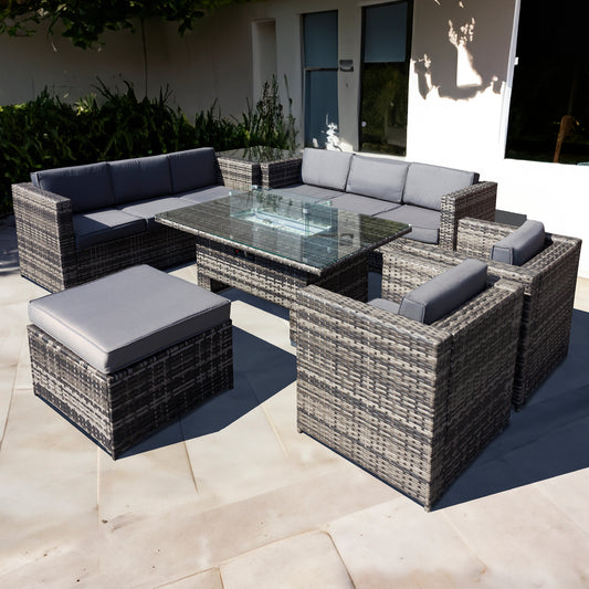 Oseasons¨ Malta Rattan 9 Seat Rising Firepit U-Shape Set in Grey Walnut with Footstool