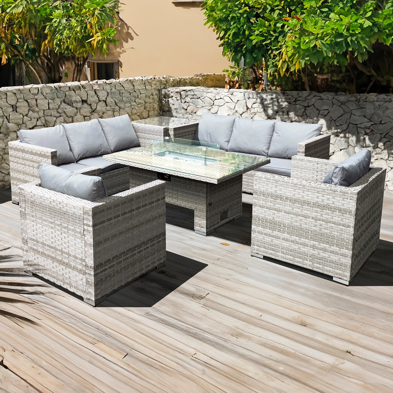 Oseasons¨ Malta Rattan 8 Seat Rising Firepit Corner Set in Dove Grey