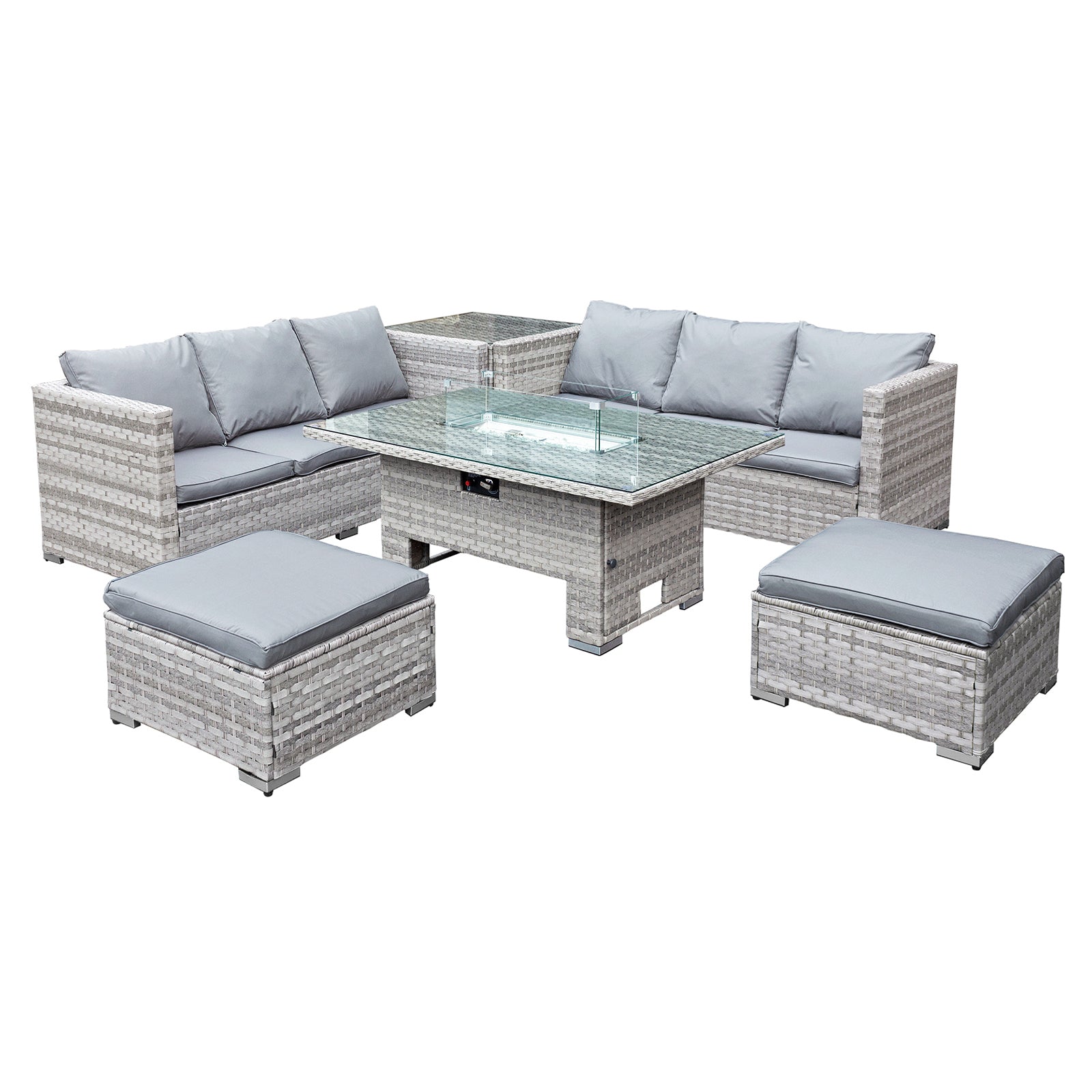 Oseasons¨ Malta Rattan 8 Seat Rising Firepit Corner Set in Dove Grey with 2 Footstools