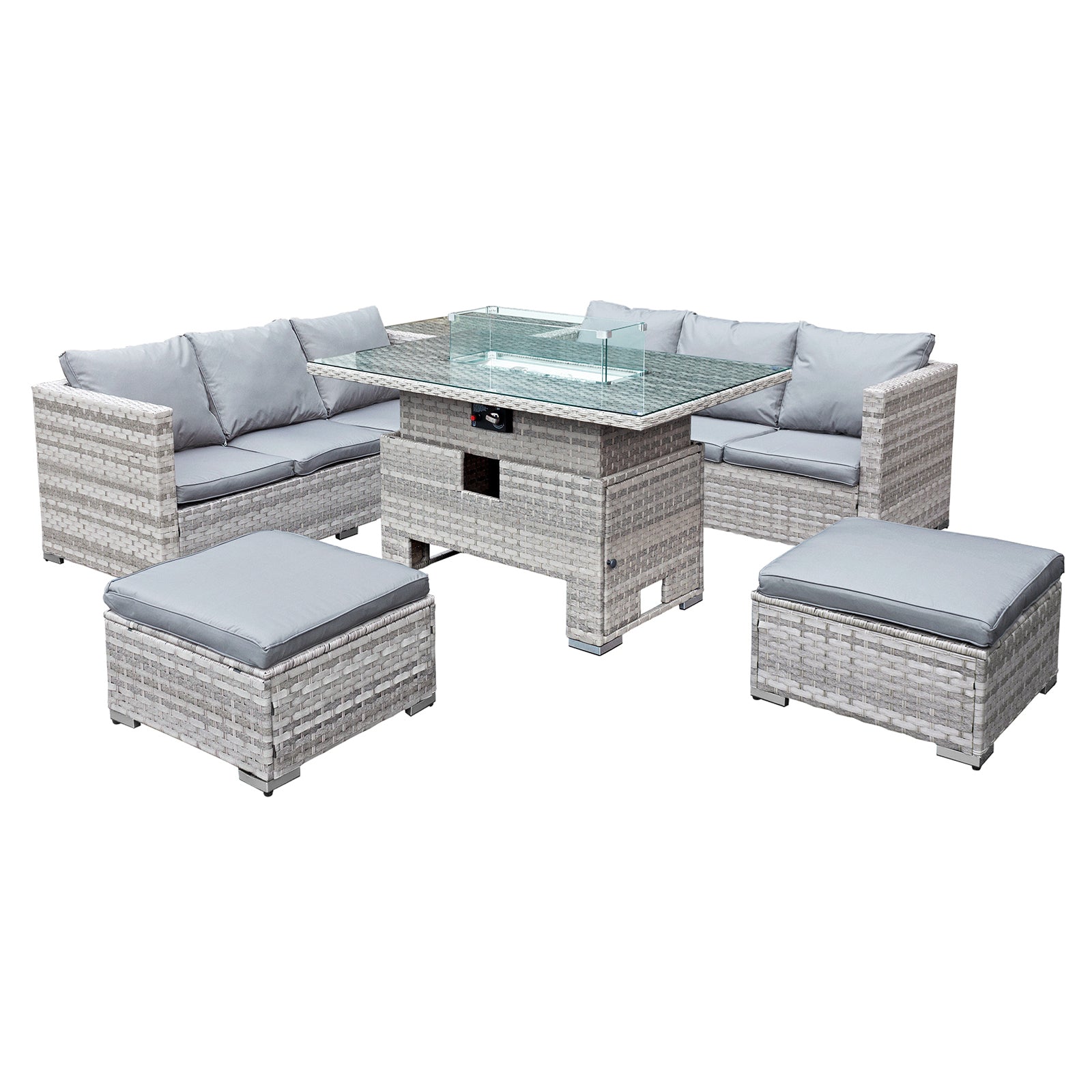 Oseasons¨ Malta Rattan 8 Seat Rising Firepit Corner Set in Dove Grey with 2 Footstools