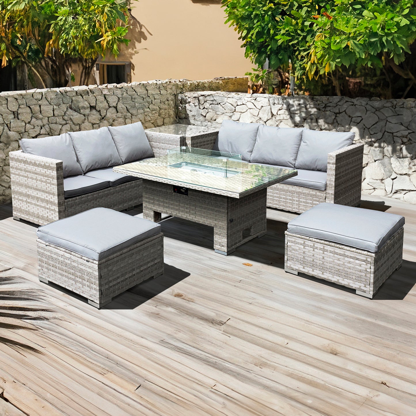 Oseasons¨ Malta Rattan 8 Seat Rising Firepit Corner Set in Dove Grey with 2 Footstools