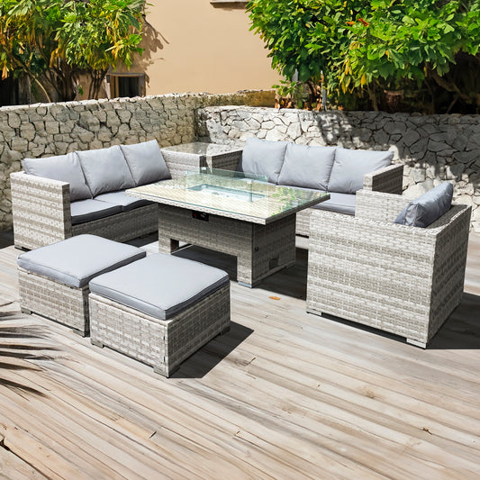 Oseasons¨ Malta Rattan 9 Seat Rising Firepit Corner Set in Dove Grey with 2 Footstools