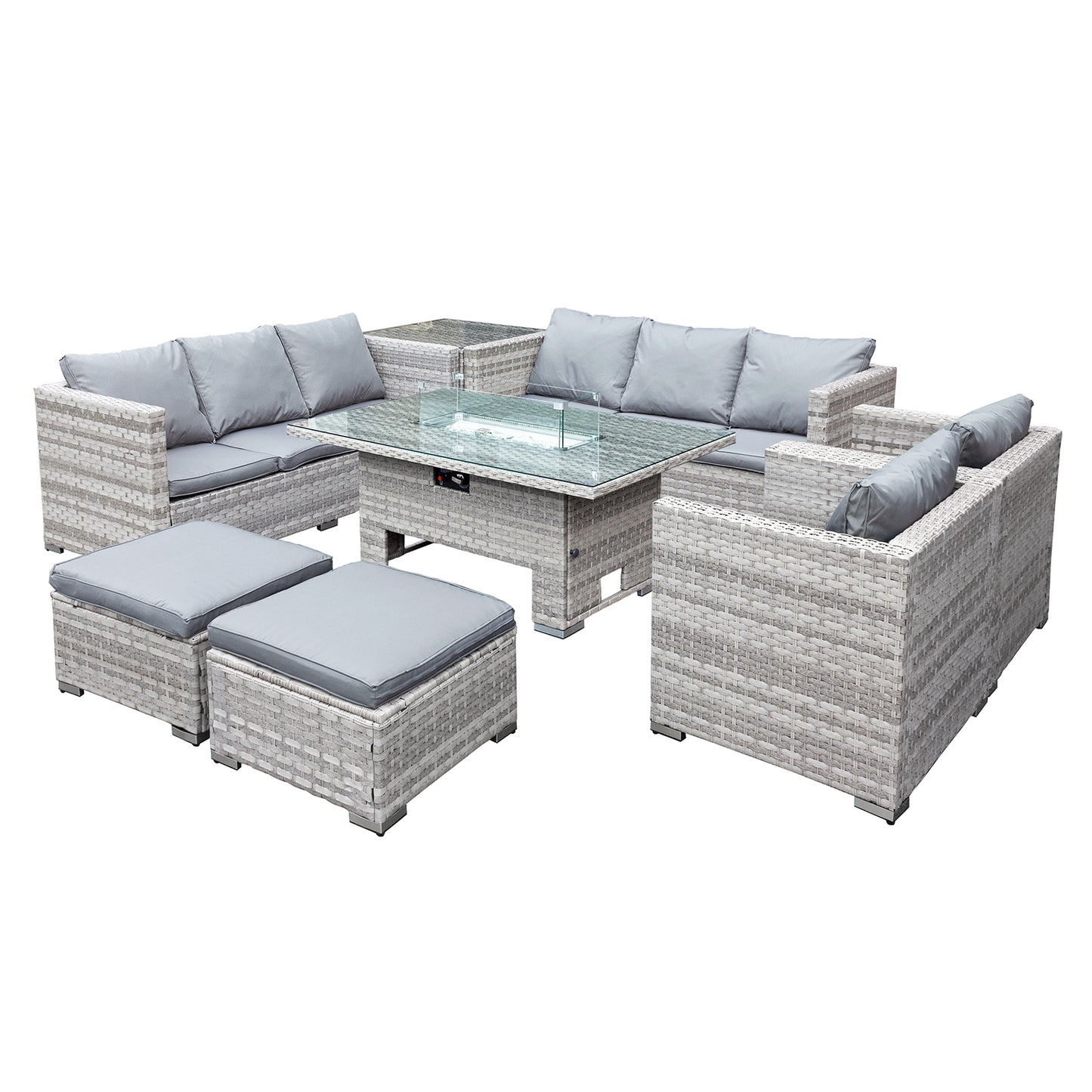 Oseasons¨ Malta Rattan 10 Seat Rising Firepit U-Shape Set in Dove Grey with 2 Footstools