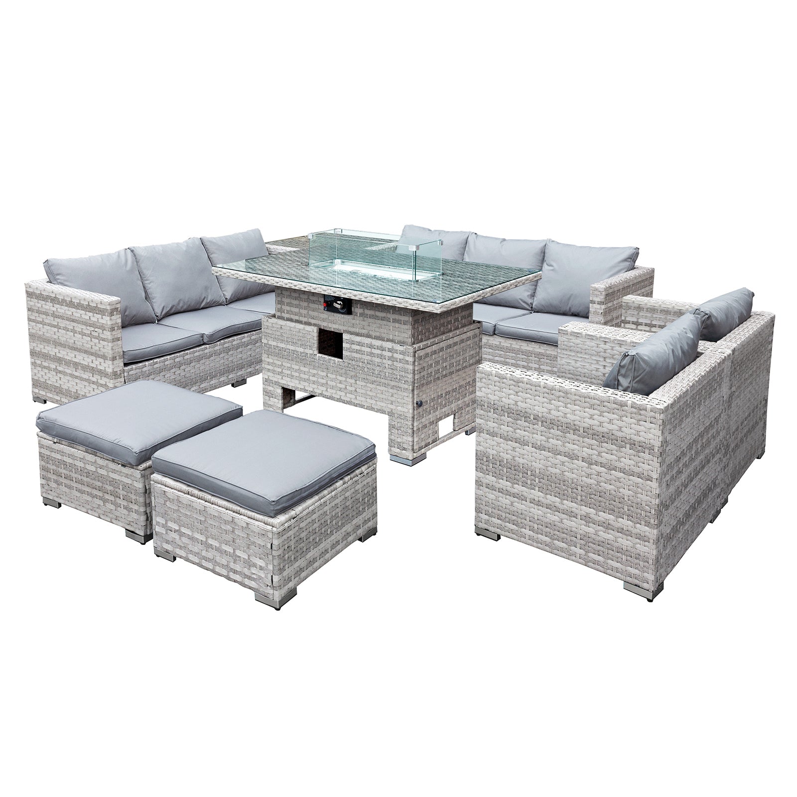 Oseasons¨ Malta Rattan 10 Seat Rising Firepit U-Shape Set in Dove Grey with 2 Footstools