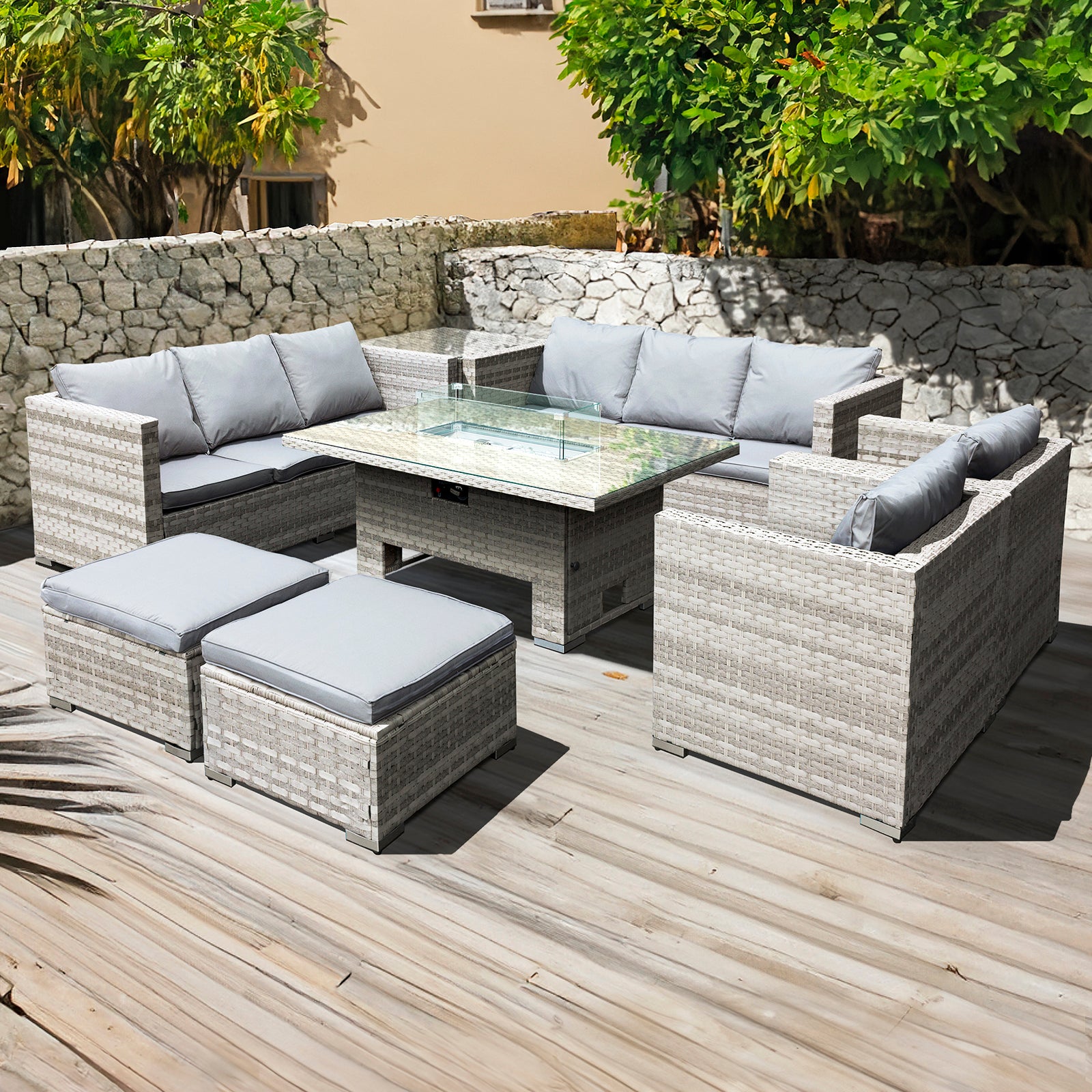 Oseasons¨ Malta Rattan 10 Seat Rising Firepit U-Shape Set in Dove Grey with 2 Footstools