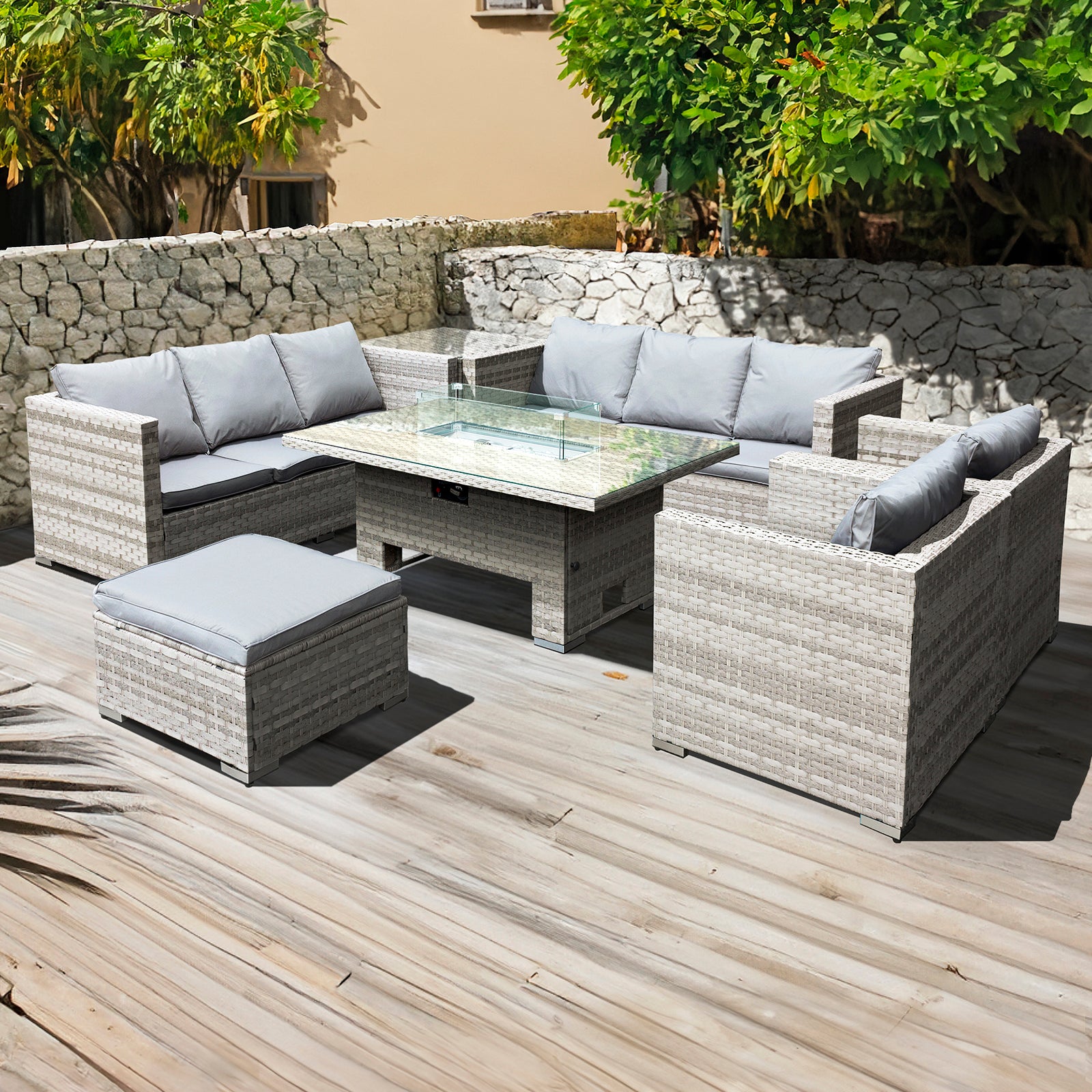 Oseasons¨ Malta Rattan 9 Seat Rising Firepit U-Shape Set in Dove Grey with Footstool