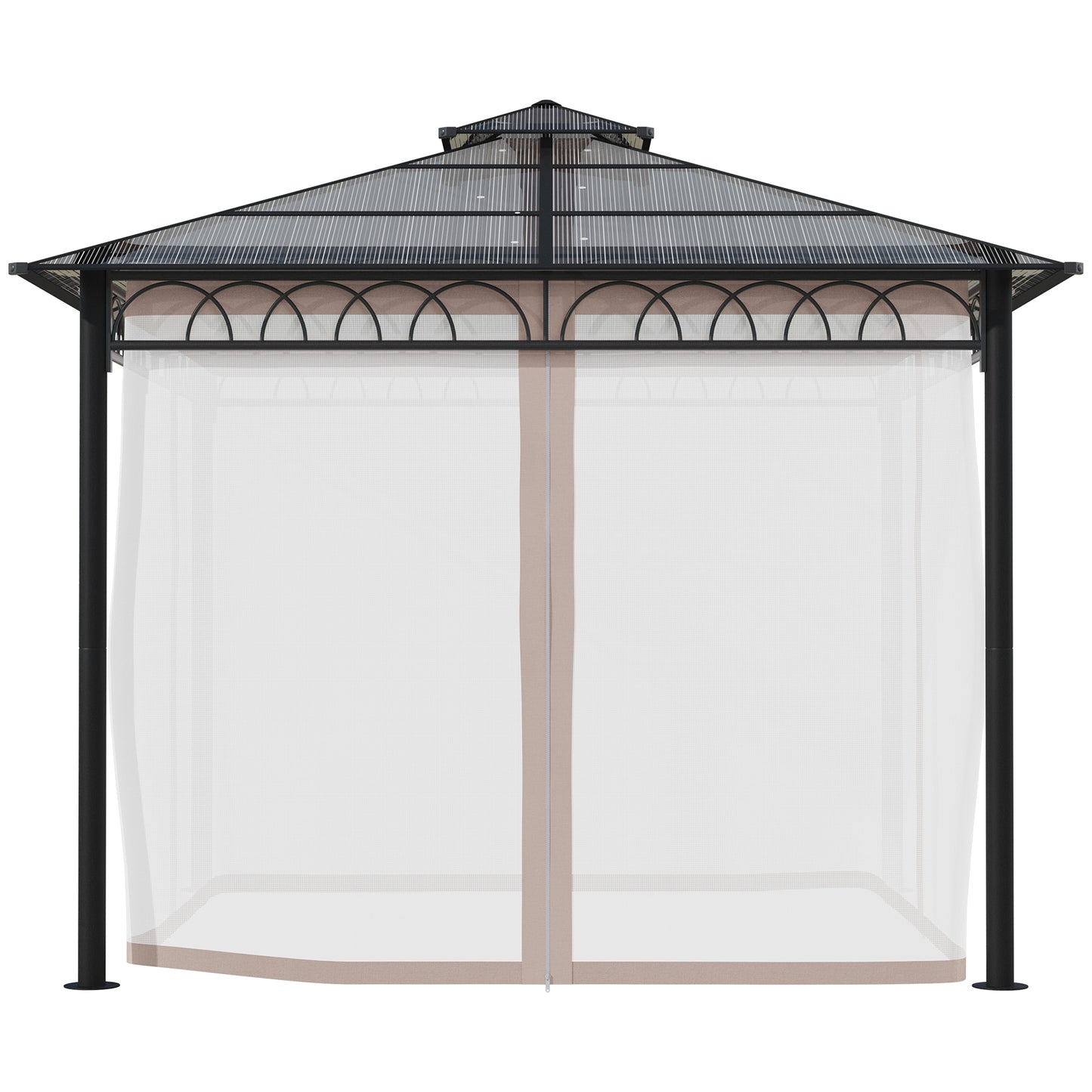 Outsunny 3 x 3m Outdoor Polycarbonate Gazebo With Double Roof Hard Top and Galvanised Steel Frame: With Nettings & Curtains in Black/Grey