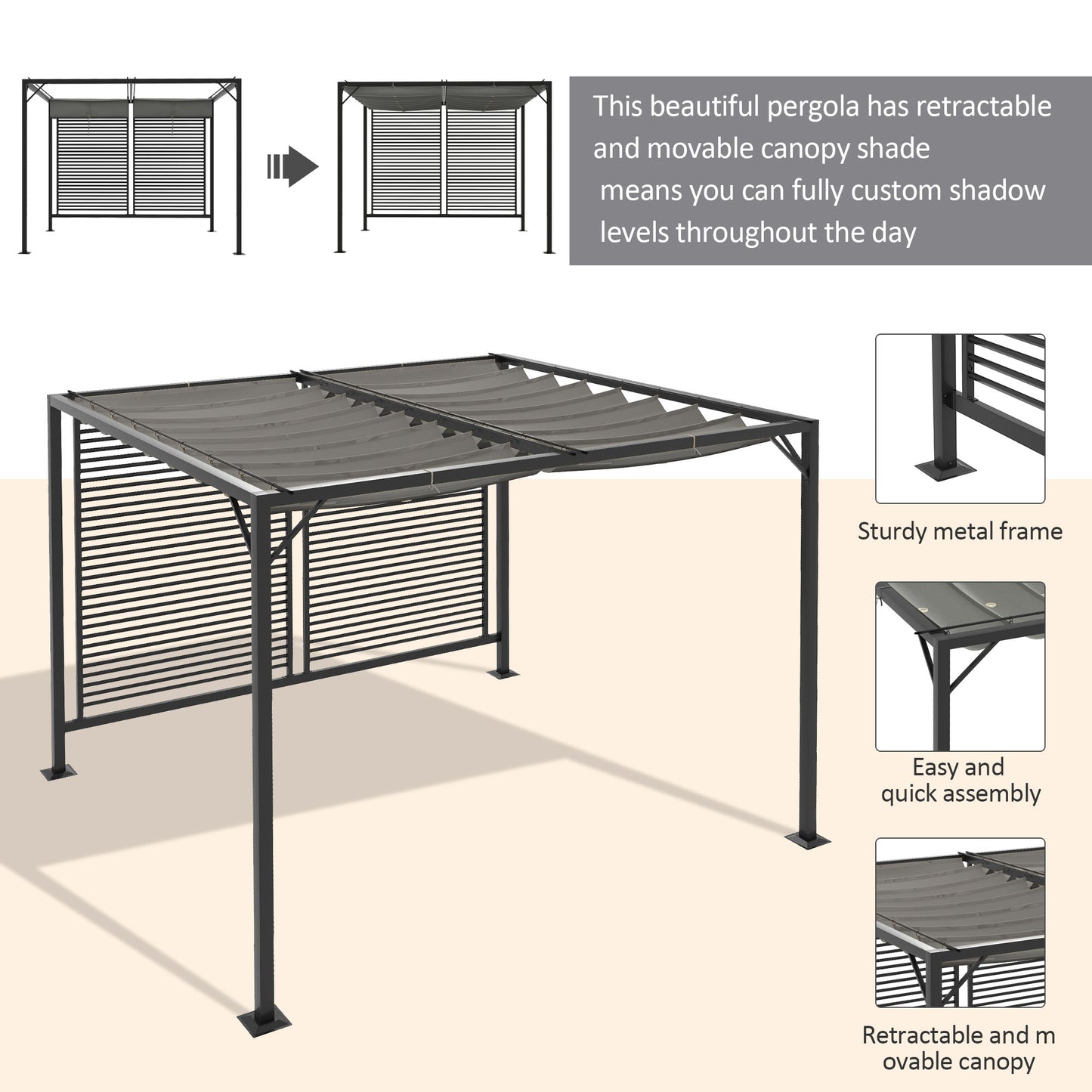 Outsunny 3 x 2.8m Metal Pergola with Retractable Fabric Roof in Grey