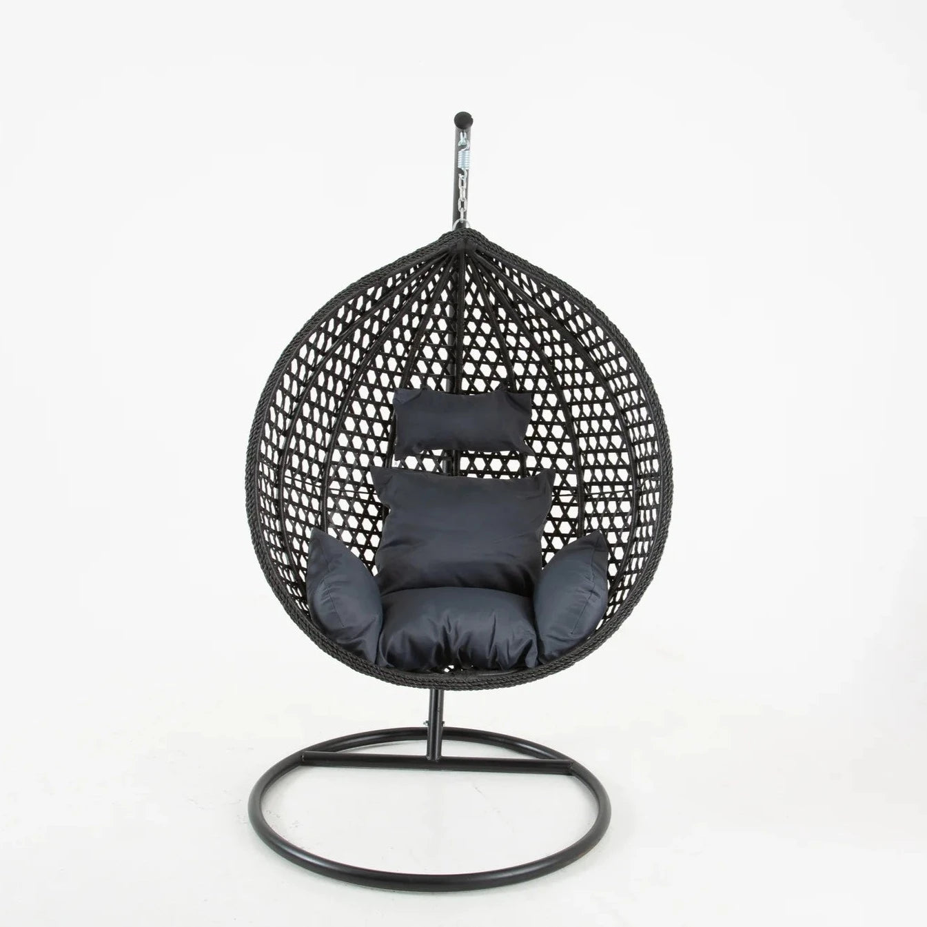 The Onyx Black Hanging Swing Pod Egg Chair - Large with Deep Grey Cushions: Weather-Resistant Outdoor Comfort