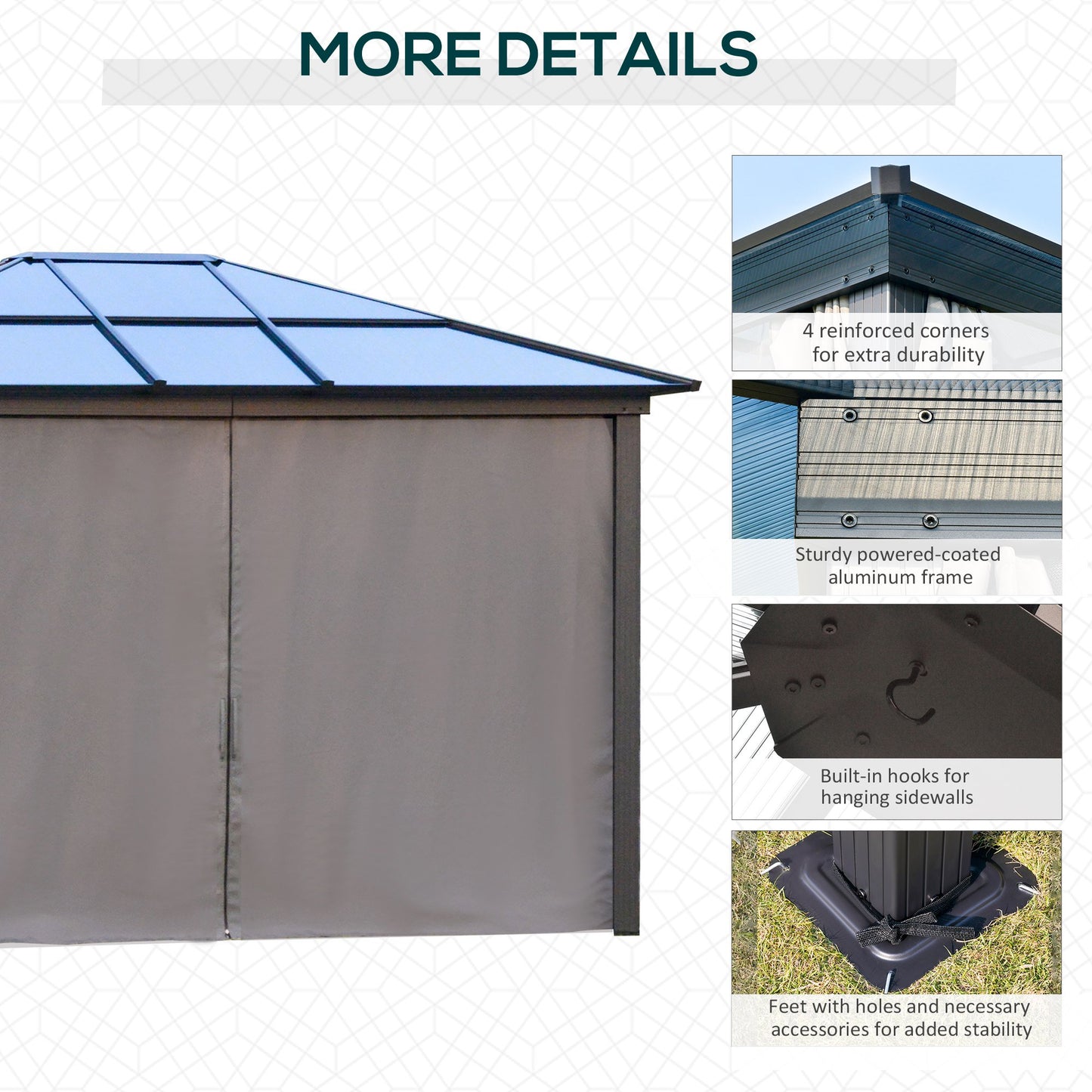 Outsunny 3.6 x 3m Hardtop Gazebo with UV Resistant Polycarbonate Roof & Aluminium Frame With Mosquito Netting and Curtains in Black/Dark Grey