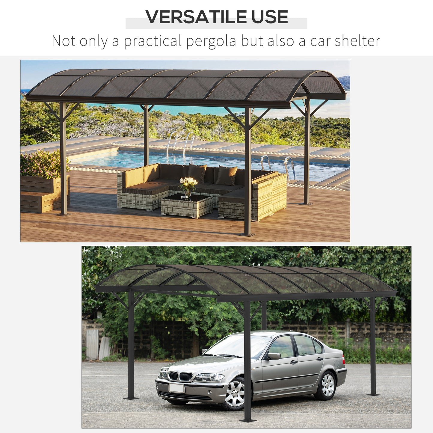 Outsunny 5 x 3m Hardtop Aluminium Pergola with Polycarbonate Roof in Brown