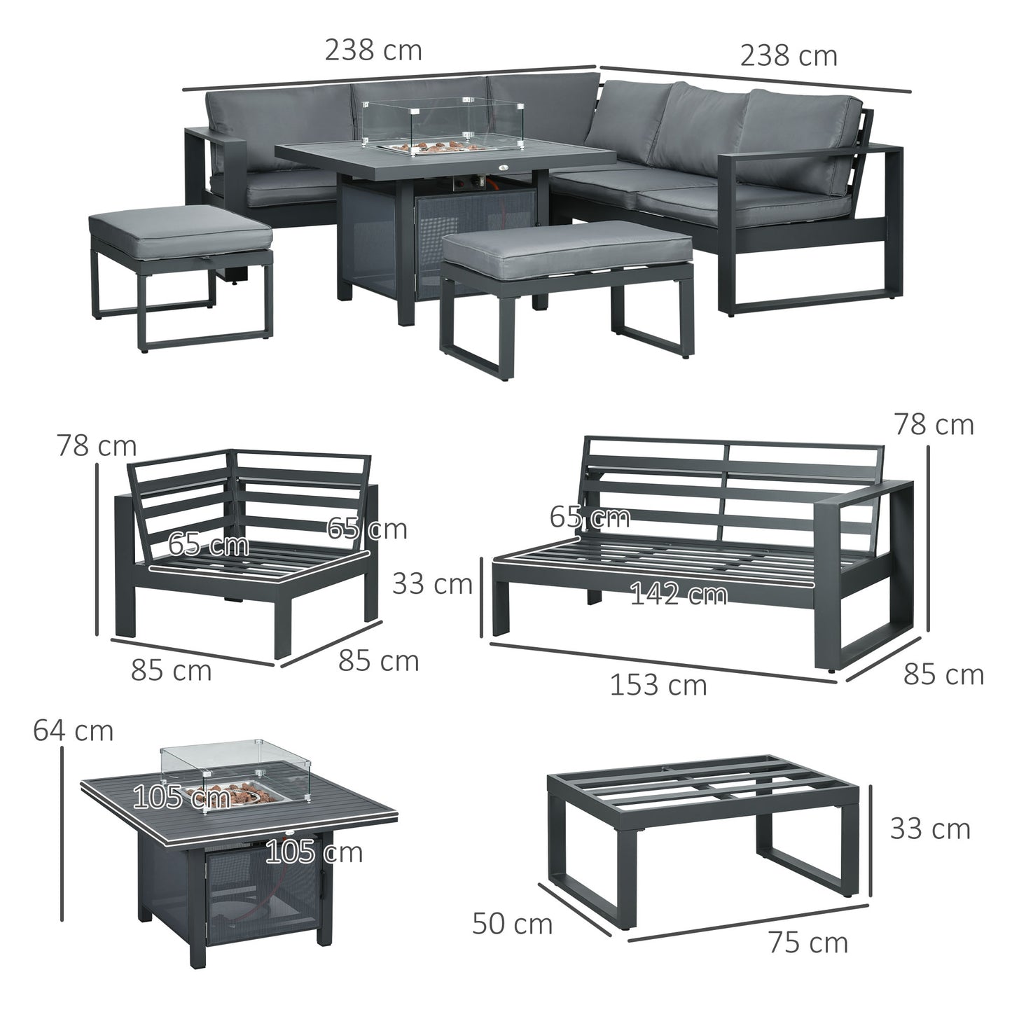 Outsunny Aluminium Garden Furniture Set: Outdoor Corner Sofa, Loveseat, and Footstools with Gas Fire Pit Table in Grey