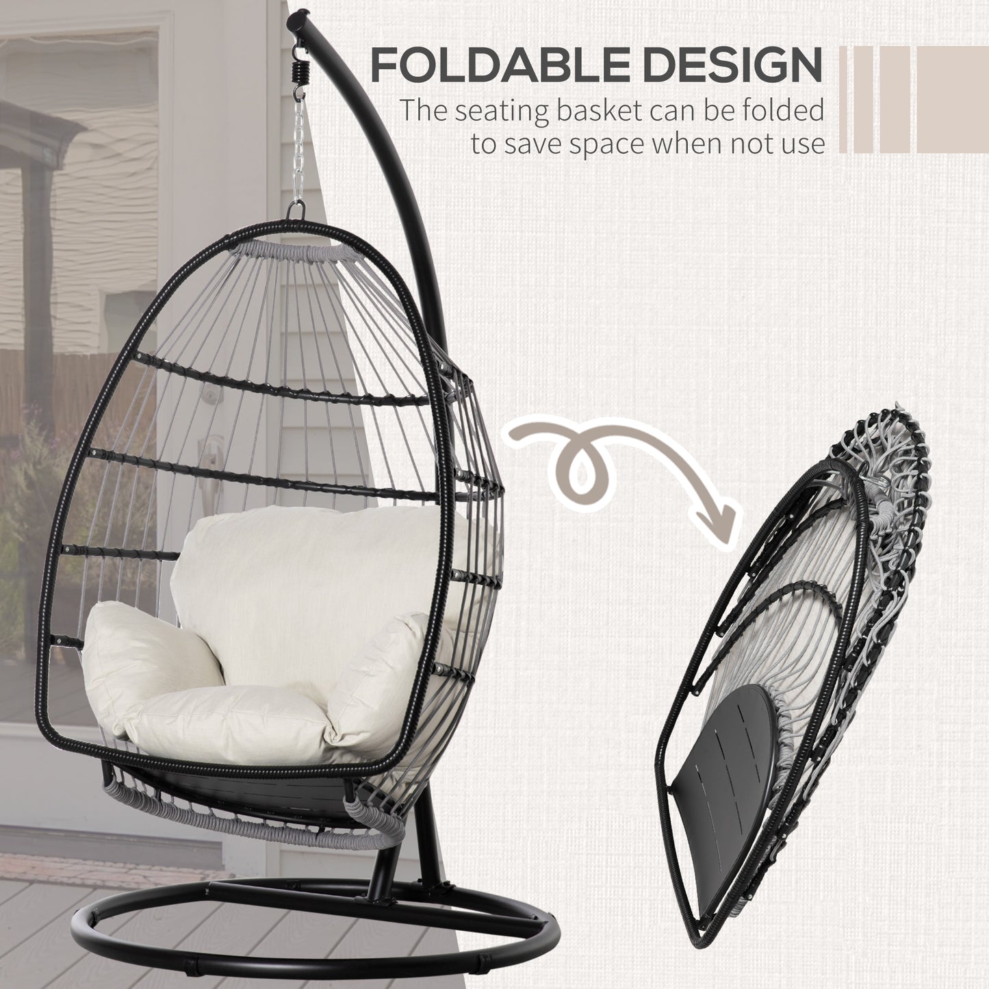 Outsunny Rattan Folding Hanging Egg Chair: Weave Swing Hammock with Cushion and Stand for Indoor or Outdoor in Black