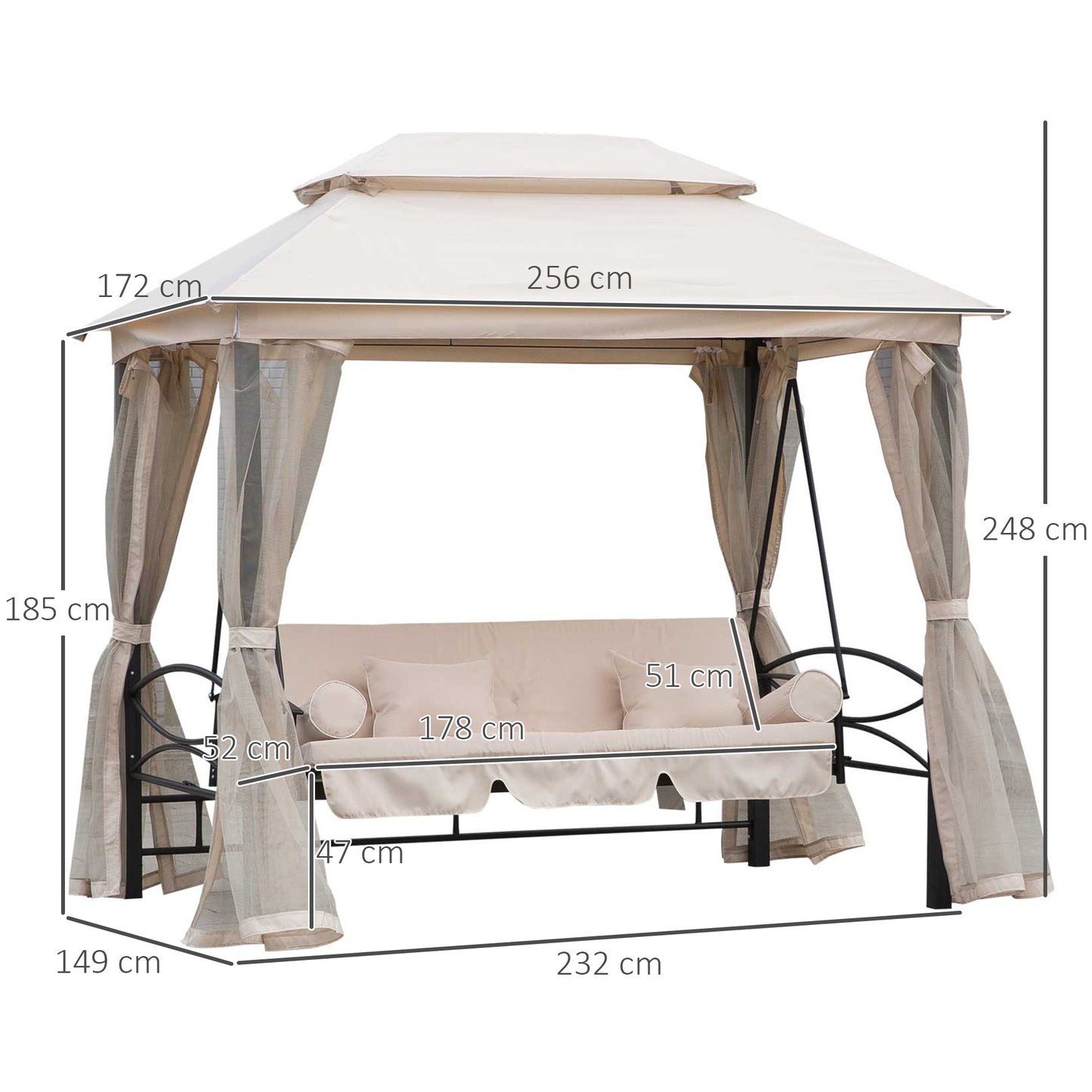 Outsunny Outdoor 2in1 Convertible Swing Chair Bed 3 Seater Porch With Nettings in Black/Cream