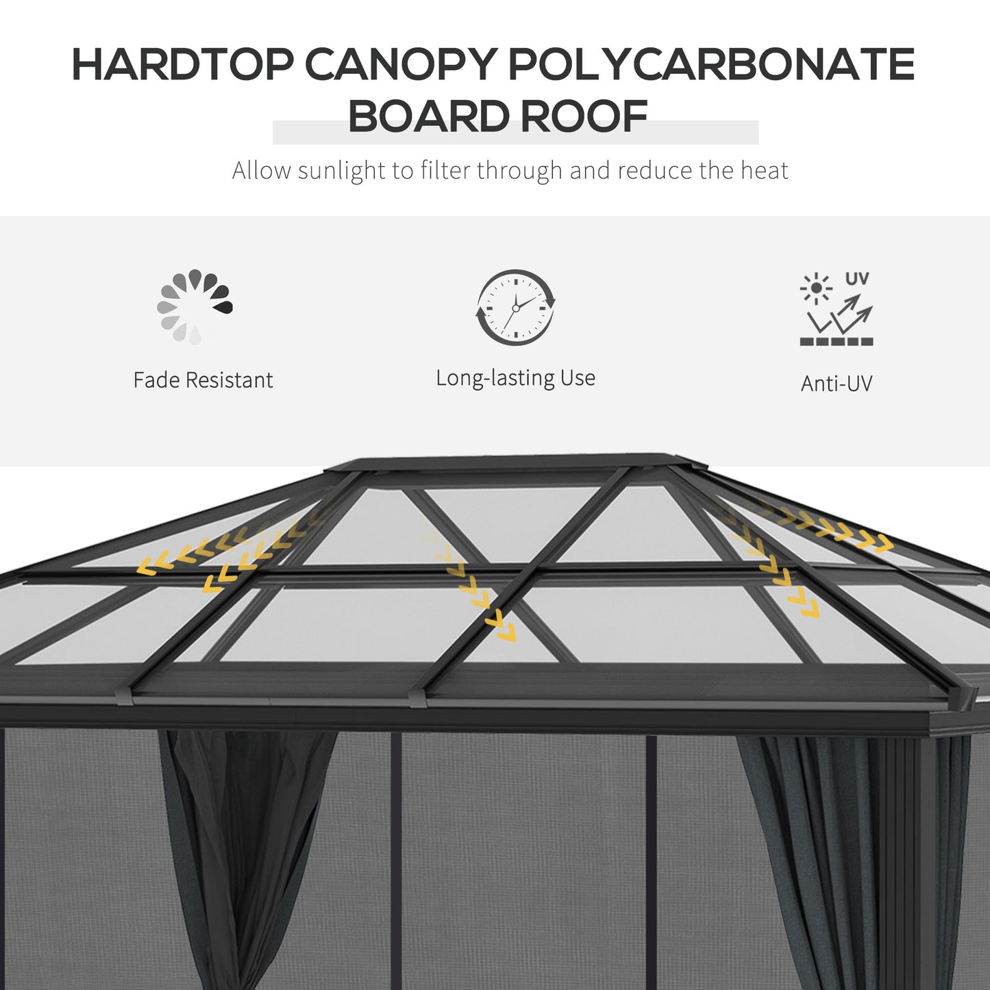 Outsunny 3 x 3.6m Hardtop Gazebo with UV Resistant Polycarbonate Roof and Aluminium Frame: Complete With Netting and Curtains in Grey/Black