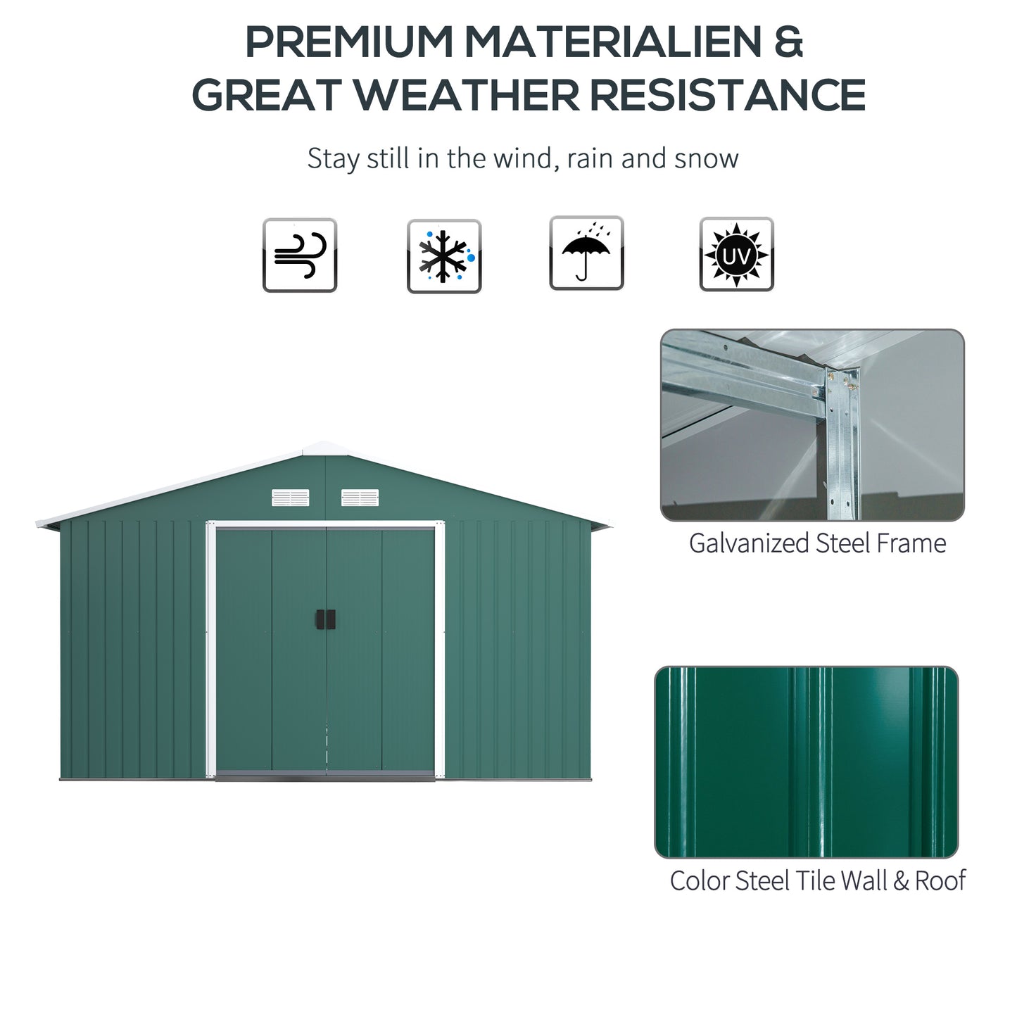 Outsunny 13 x 11 ft Metal Garden Shed Large Patio Roofed Tool Storage with Ventilation and Sliding Door in Deep Green