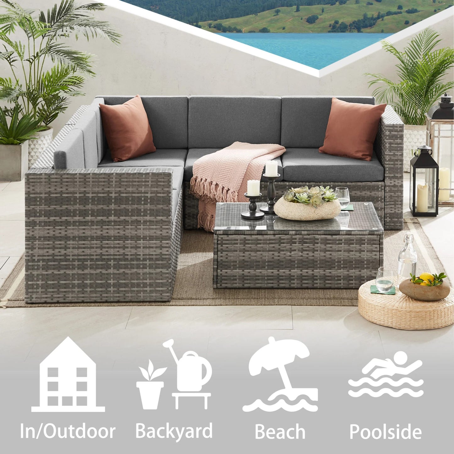 Grey 6-Seat Modular Corner Rattan Set