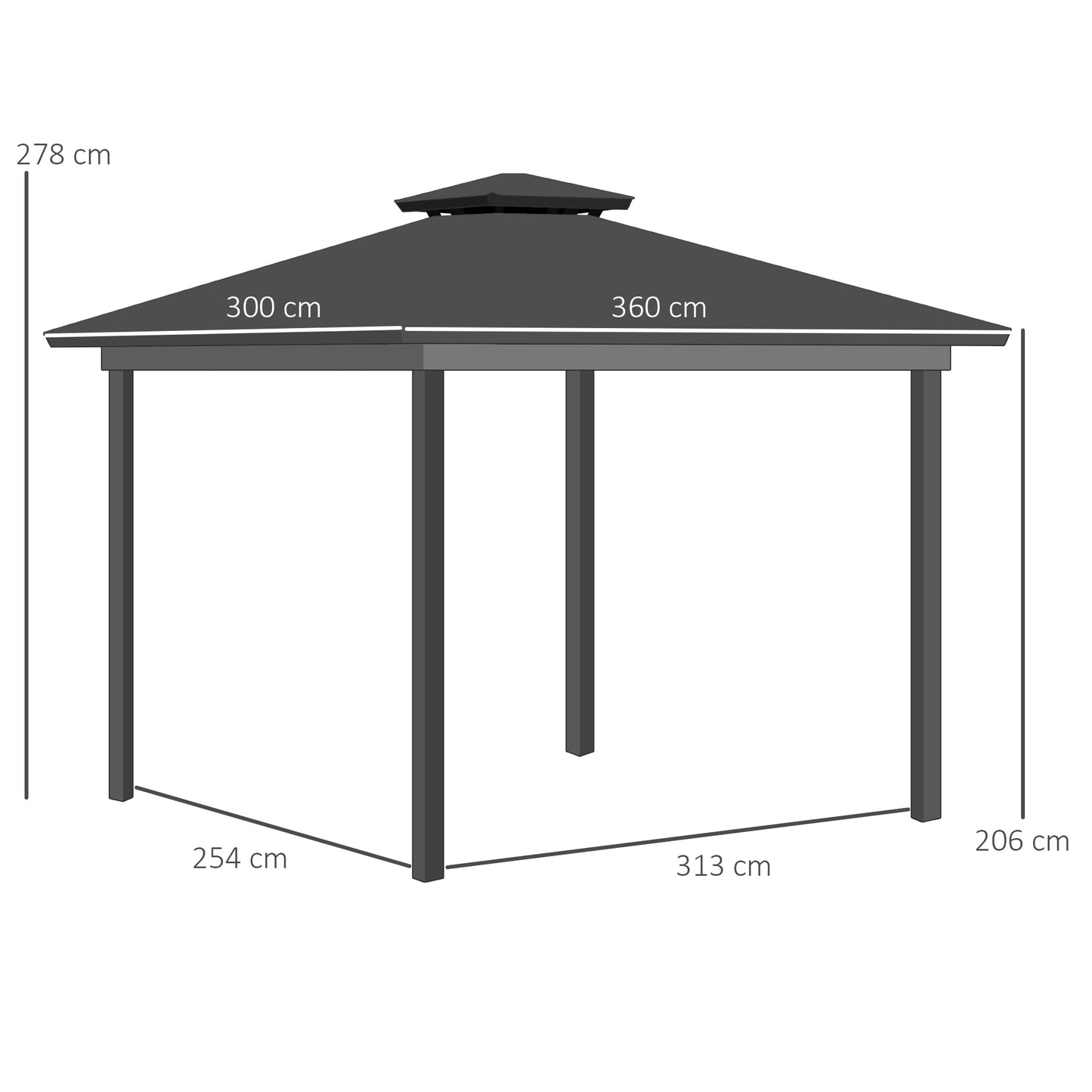 Outsunny 3.6 x 3m Outdoor Polycarbonate Hard Top Gazebo: Double Roof Hard Top with Nettings & Curtains for Garden in Black/Grey