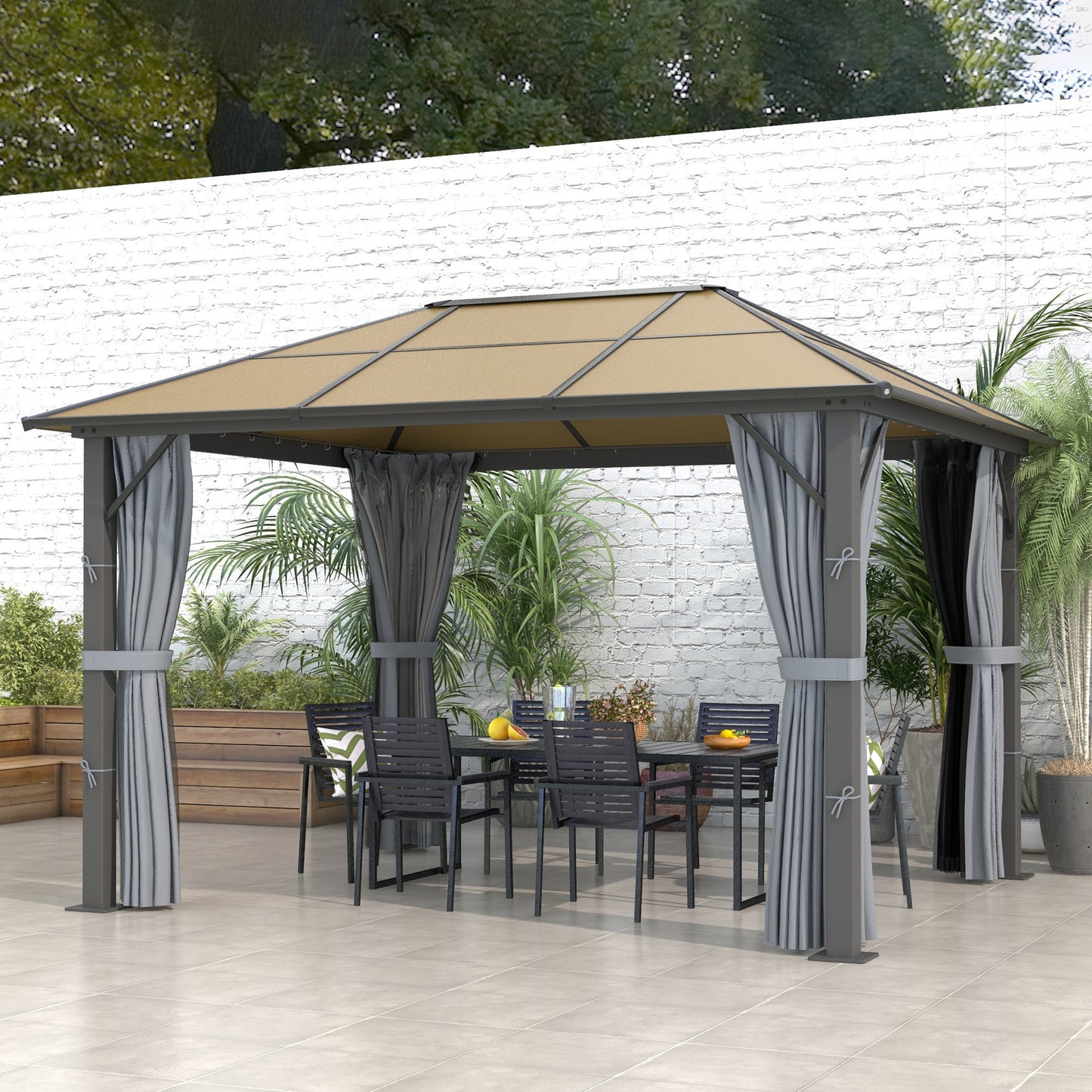 Outsunny 3 x 3.6m Garden Aluminium Gazebo With Hardtop Roof, Mesh Curtains & Side Walls in Grey