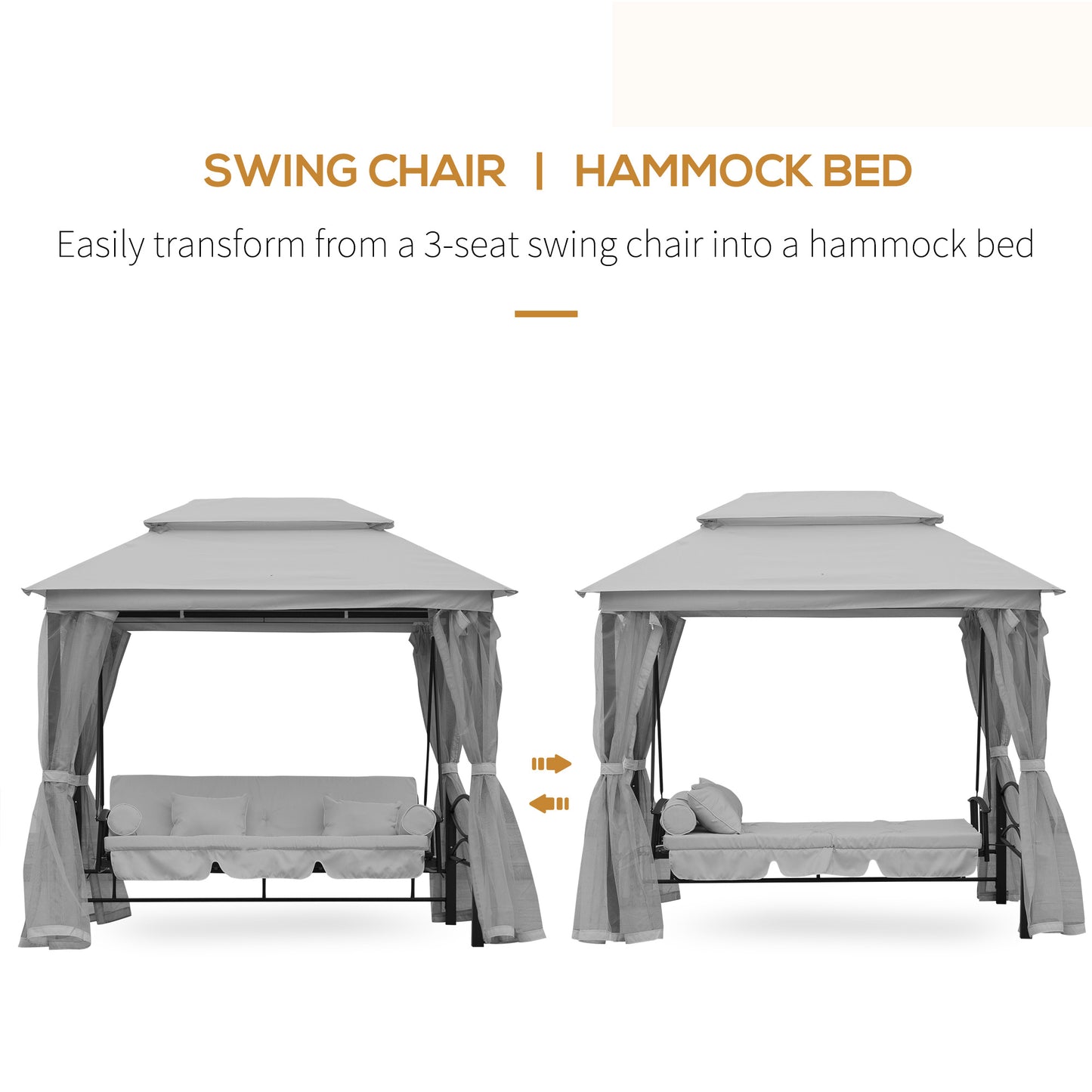 Outsunny 2in1 Convertible Swing Chair Bed: 3 Seater Hammock With Gazebo in Grey