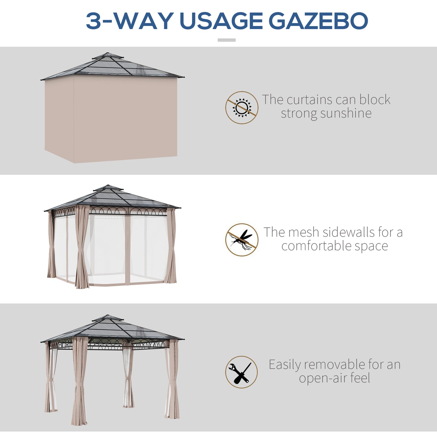 Outsunny 3 x 3m Outdoor Polycarbonate Gazebo With Double Roof Hard Top and Galvanised Steel Frame: With Nettings & Curtains in Black/Grey