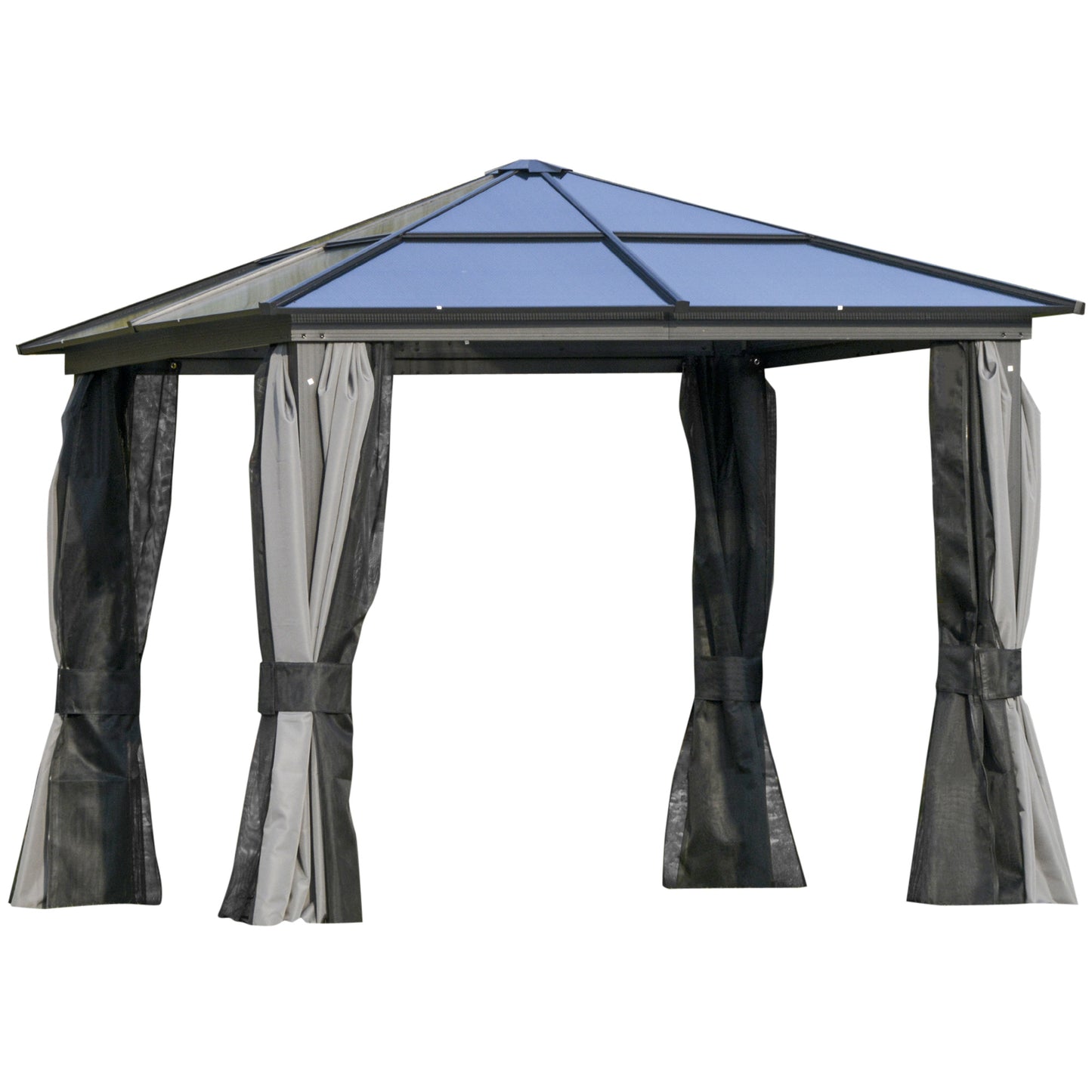 Outsunny 3 x 3m Hardtop Gazebo with UV Resistant Polycarbonate Roof & Aluminium Frame: With Mosquito Netting and Curtains in Black/Grey