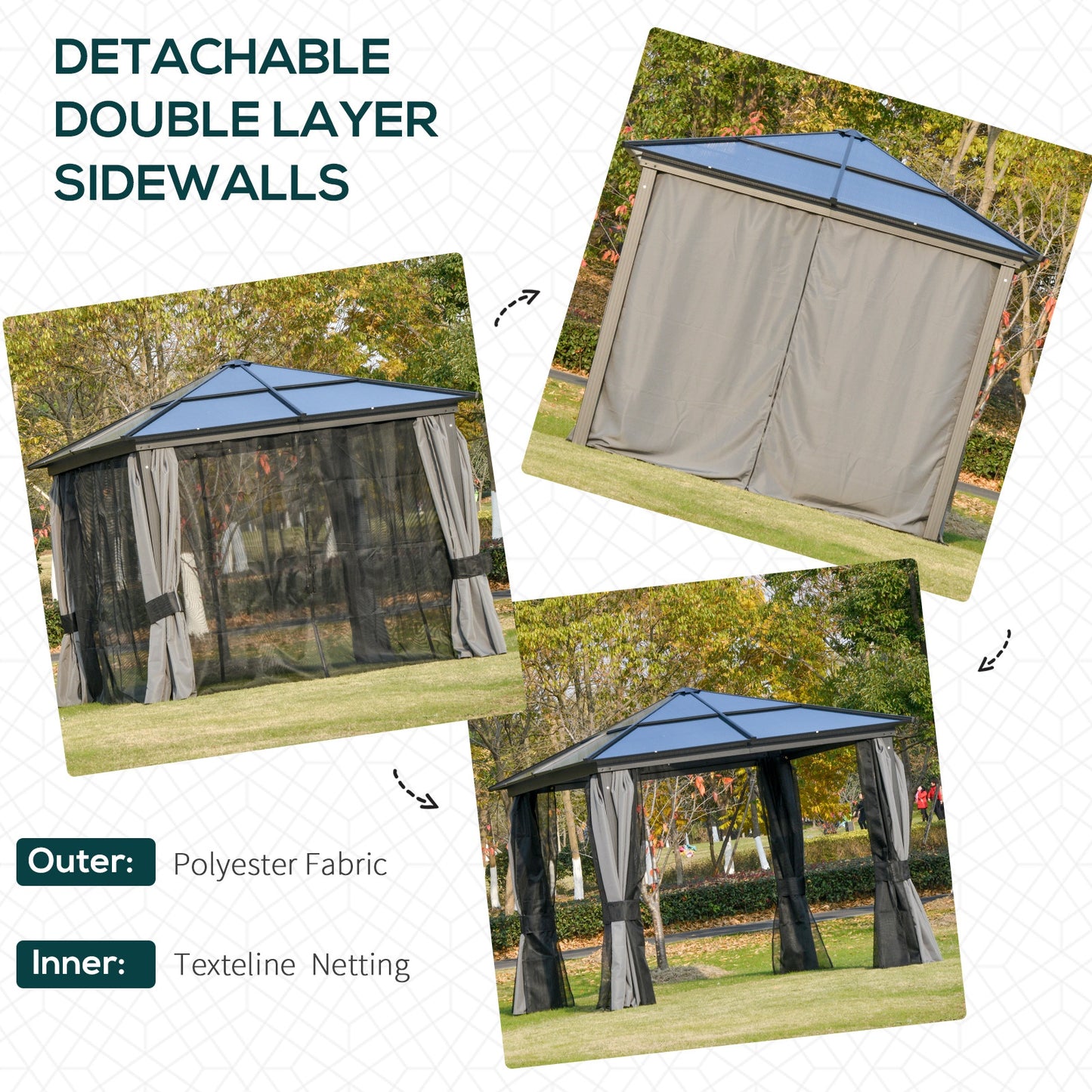 Outsunny 3 x 3m Hardtop Gazebo with UV Resistant Polycarbonate Roof & Aluminium Frame: With Mosquito Netting and Curtains in Black/Grey