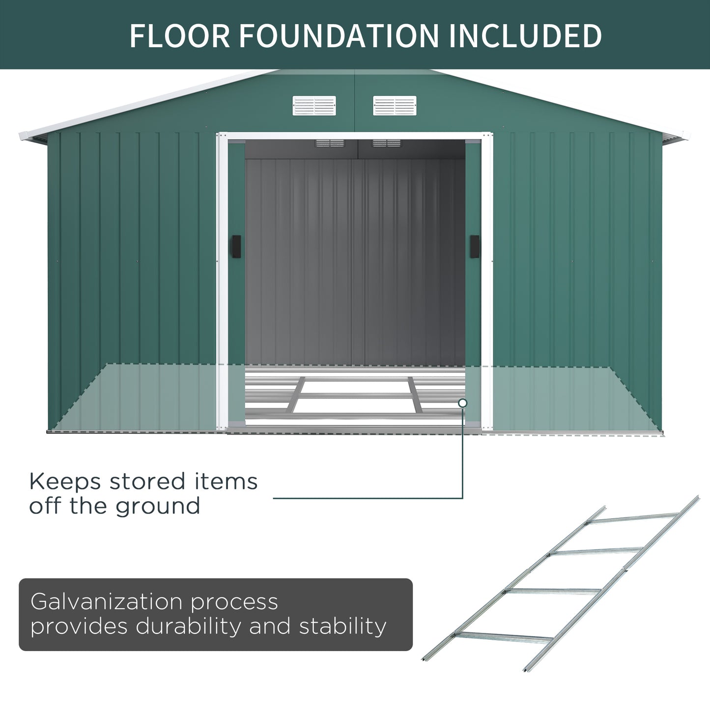 Outsunny 13 x 11 ft Metal Garden Shed Large Patio Roofed Tool Storage with Ventilation and Sliding Door in Deep Green