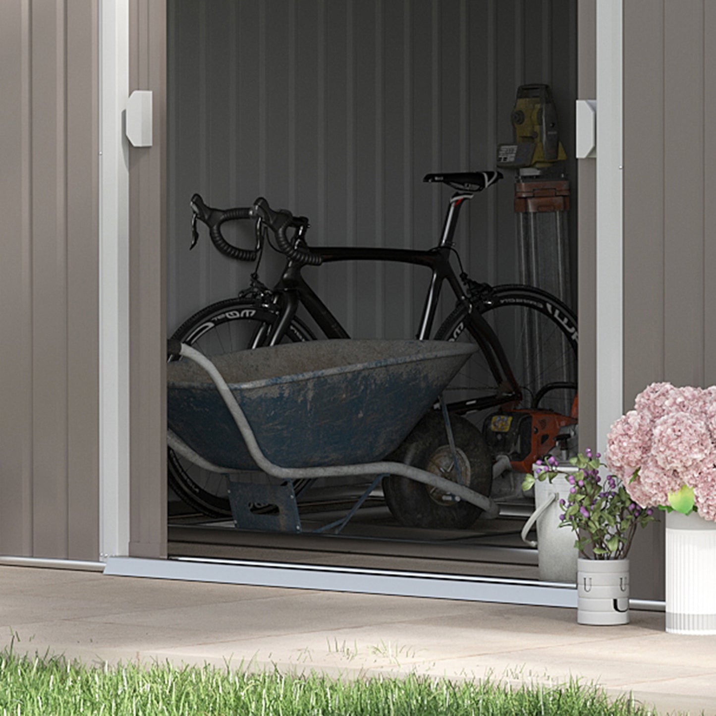 Outsunny 13 x 11ft Garden Metal Storage Shed Outdoor Storage Shed with Foundation Ventilation & Doors in Light Grey