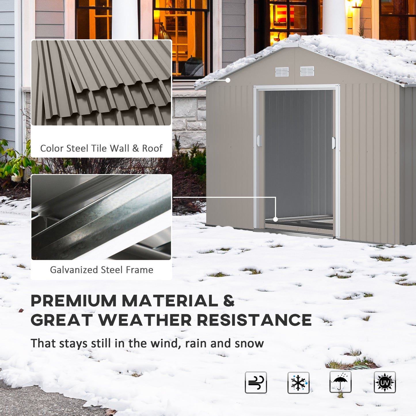 Outsunny 13 x 11ft Garden Metal Storage Shed Outdoor Storage Shed with Foundation Ventilation & Doors in Light Grey